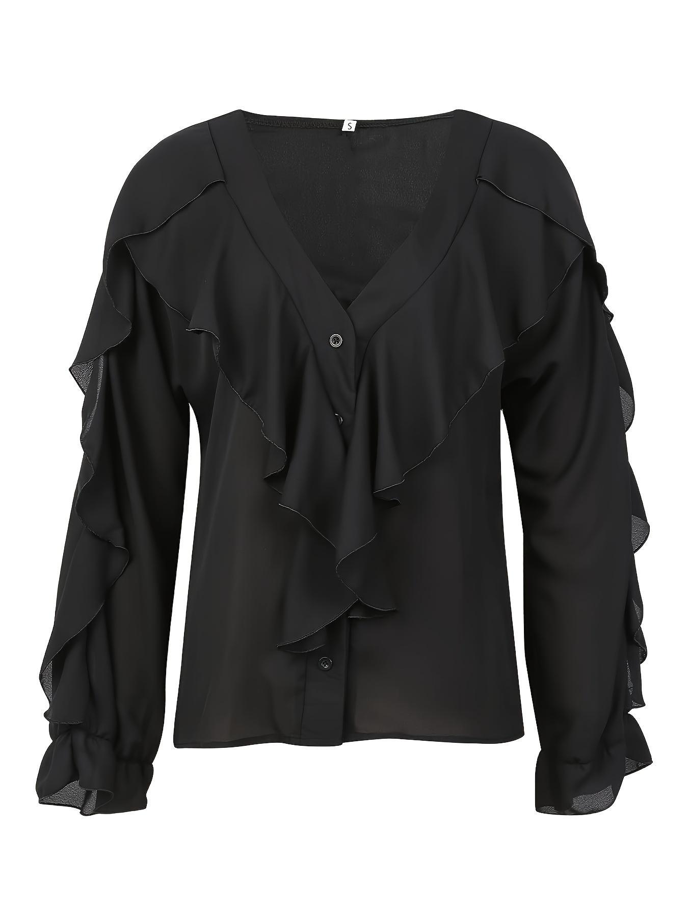 Women's Plain Ruffle Trim Button Front Blouse, Elegant Long Sleeve V Neck Top for Spring & Fall, Ladies Clothes for Daily Wear