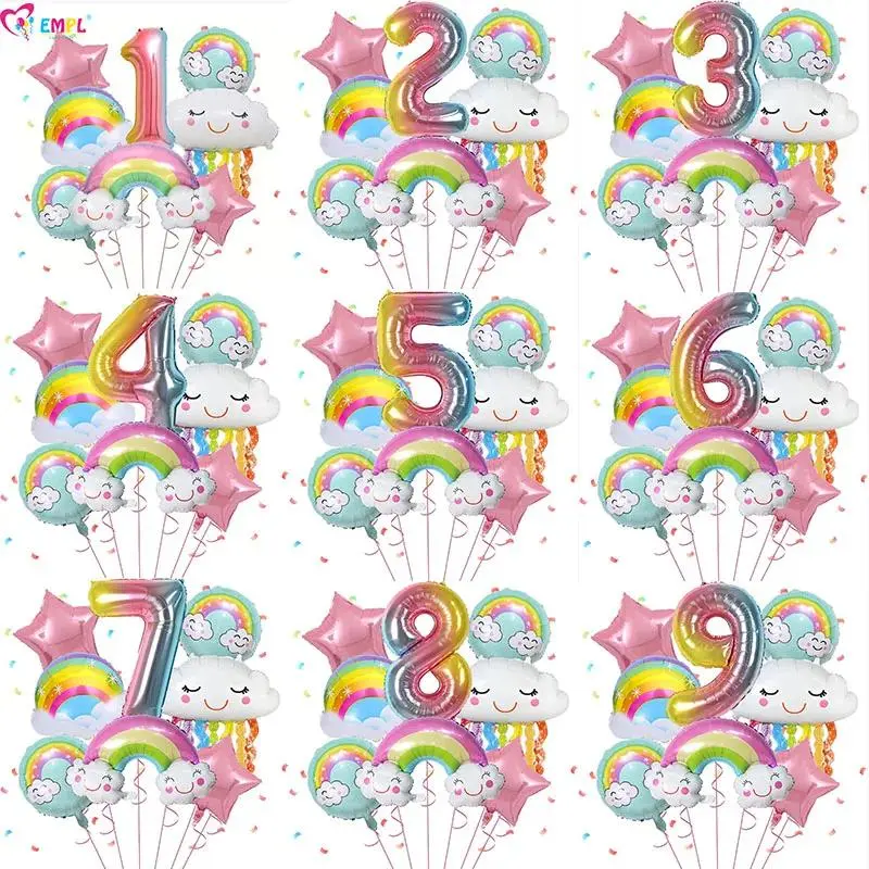 32inch Rainbow Cloud Foil Balloons Set (10 Pcs with 1-9 Digit Balloons), Happy Birthday Decorations for Kids, Home Festive Party Supplies for Baby Shower Weddings