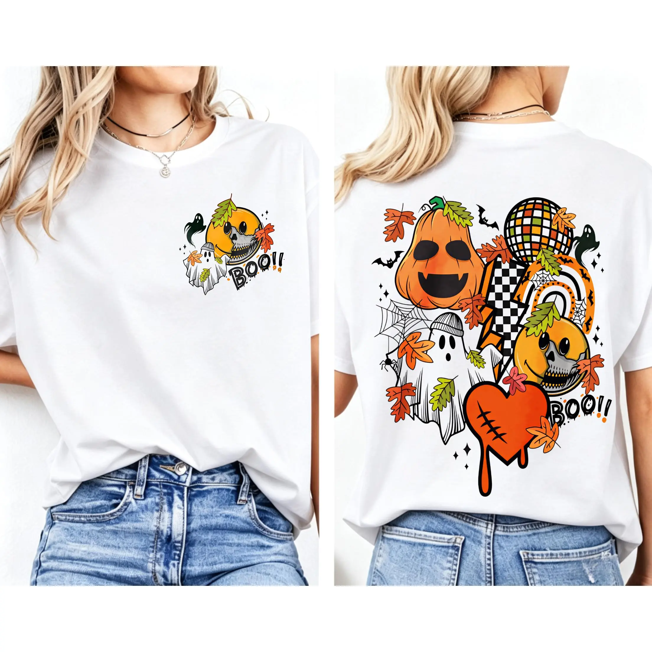 2 Sided Printing Retro Halloween T-shirt, Spooky Smile Face T-shirt
