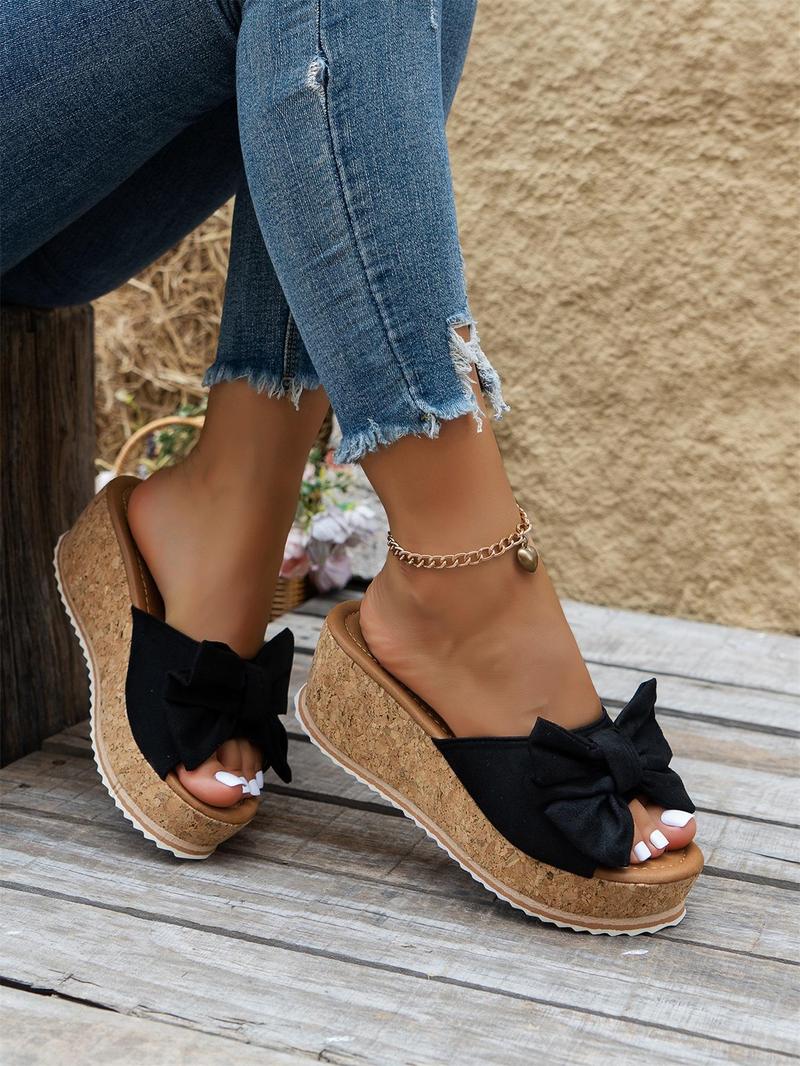 Women's Cute Bowknot Leopard Print Wedge Sandals, Casual Fashion Slip-On Wedges, Summer Trendy Shoes, Beach Daily Wear, Bow Decor Sandals