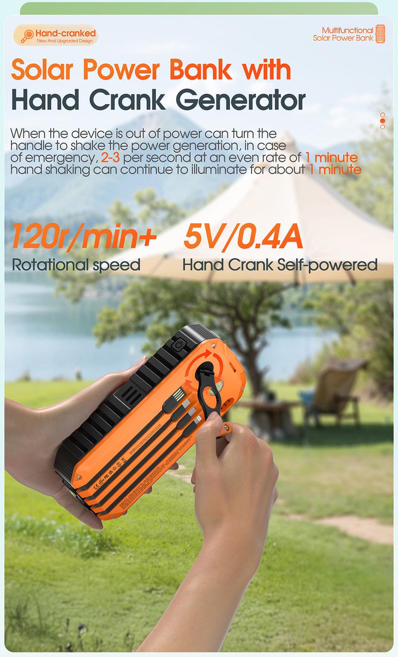Solar Charger Power Bank 40000mAh with Hand Crank & Built-in 4 Cables, Portable Phone Charger & Solar Power Bank, 22.5W Fast Charging, 6 Outputs & 4 Inputs, Flashlight & Compass for Outdoors