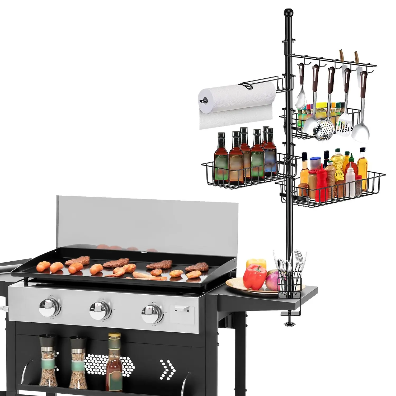 Sturdy Oil Steel Griddle Caddy, Vertical Standing BBQ Organizer with Paper Towel Holder, Hook Baskets for Grill Utensil Storage, Camp Kitchen Accessory Fit for Blackstone Griddle, Bbq Grill, Carbon Steel