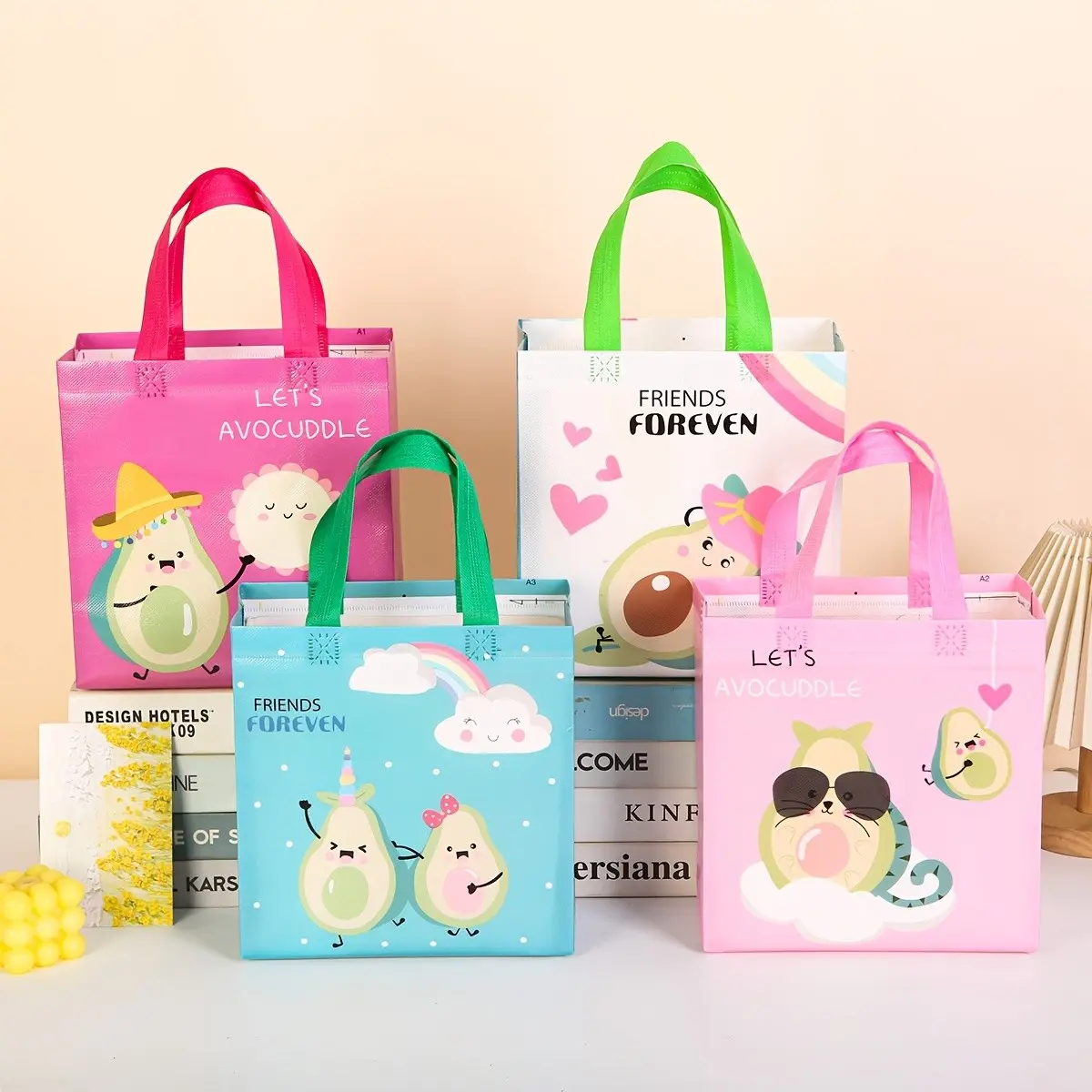 Cartoon Avocado Gift Bags, Non-Woven Handbags for Parties, Birthdays, Graduations, Holidays, Durable Handles, 9.06x8.66x4.33 Inches, 12/24/36/48 Count