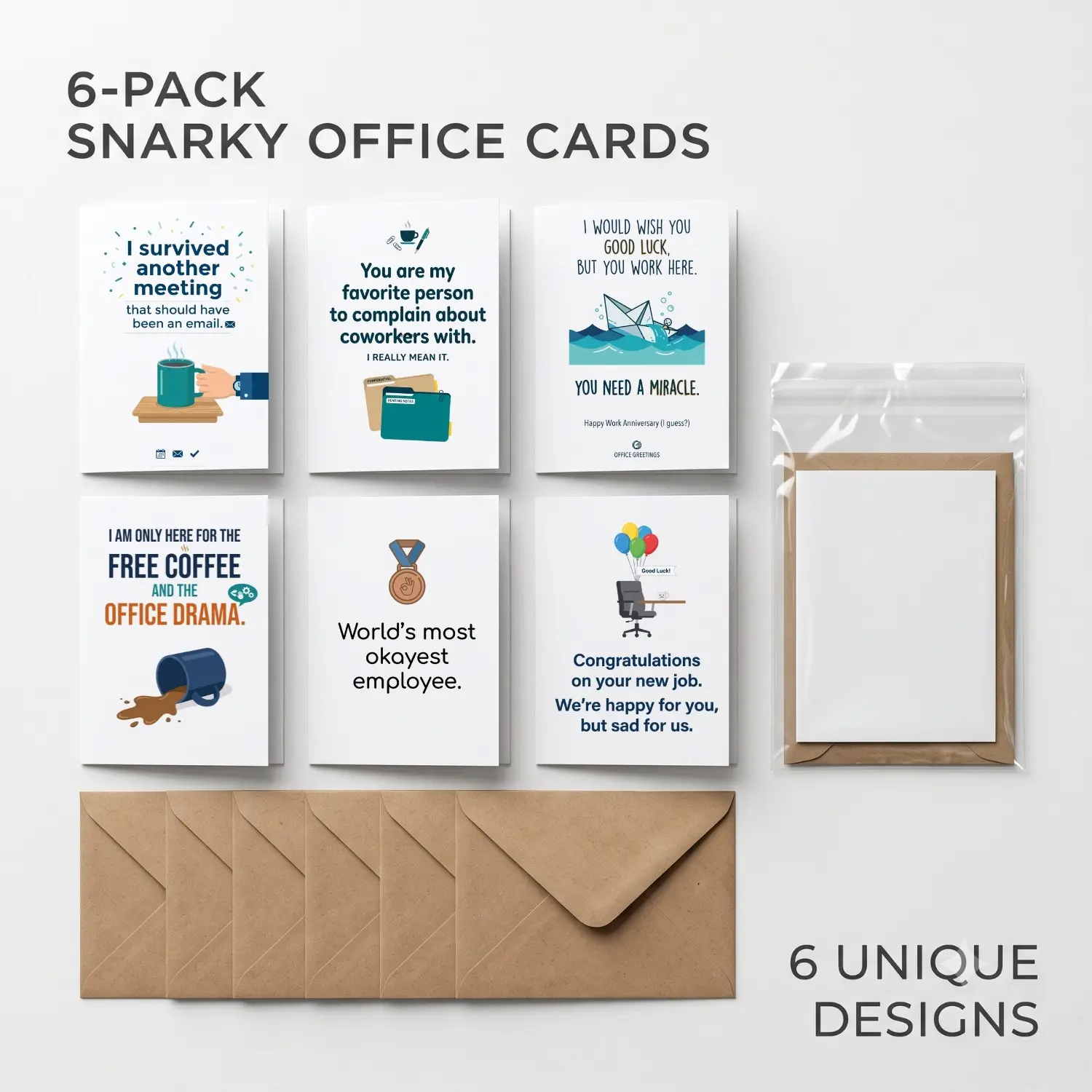 Funny Coworker Greeting Cards 6-Pack Set, Snarky Office Gag Gifts for Colleagues, Farewell and Work Anniversary, 5x7 Inch Folded with Kraft Envelopes