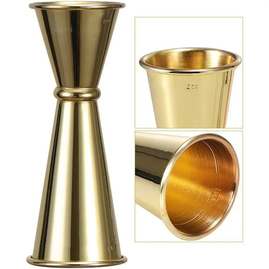 1 Pack Gold Double Cocktail Jigger, 2 oz/1 oz Stainless Steel Bartending Measuring Jigger with Accurate Measures, Bar Tool for Home Party & Commercial Bar Use