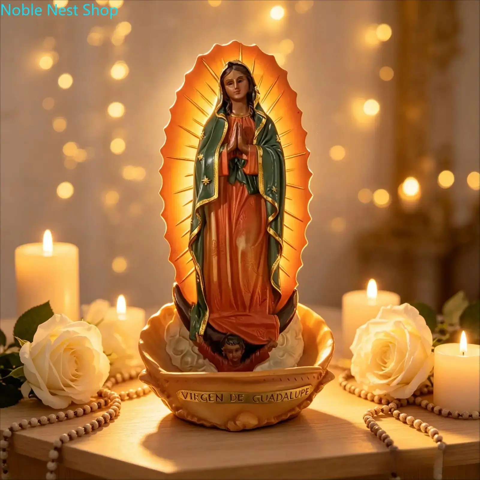 Resin Religious Statue with Storage Basin, Vintage Holy Figurine Table Decor Desktop Sculpture for Home Office Prayer Space Gift