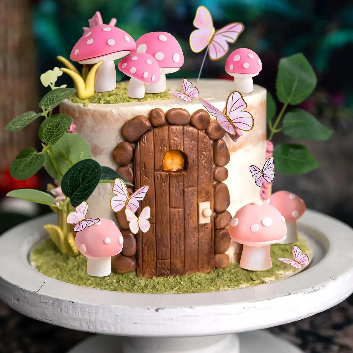 JeVenis Fairy Cake Toppers Pink Mushroom Door Butterfly Flowers Cake Topper
