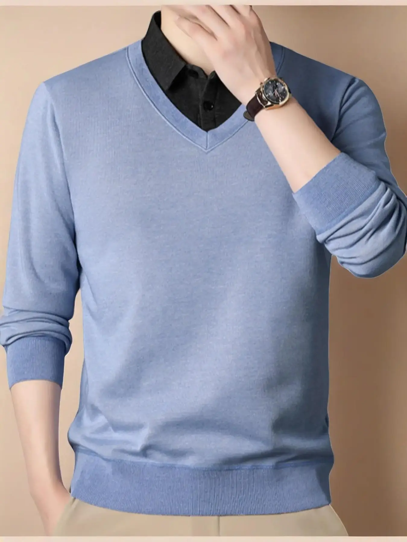 Men's V-Neck Knit Top for Fall Winter, Casual Business Leisure Shirt, Plain Color, Loose-Fitting, Single Piece, Simple Design, Sweater