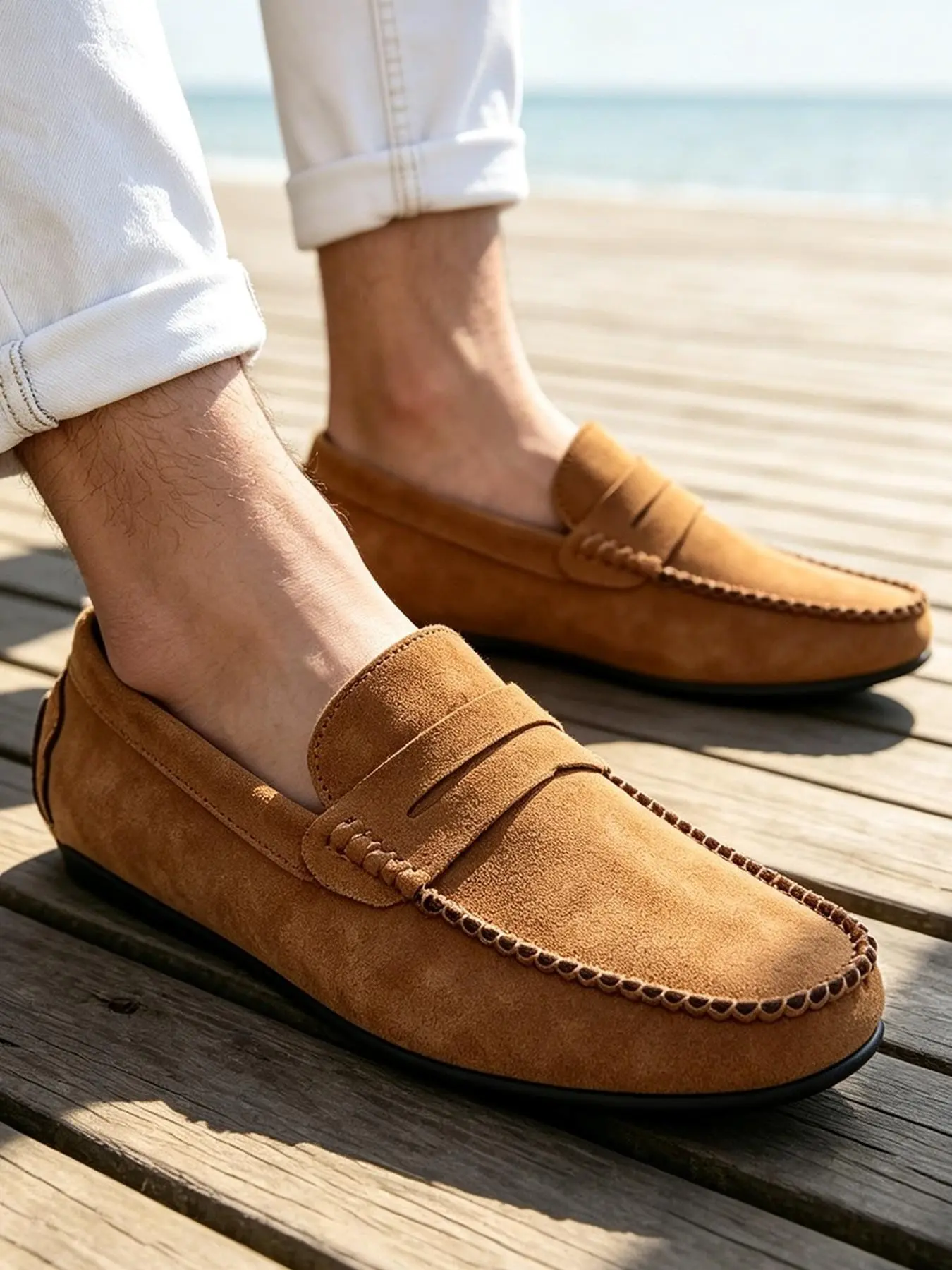 Men's Handmade Suede Slip-On Flat Loafers, Soft Lightweight Casual Driving Shoes with Rubber Sole