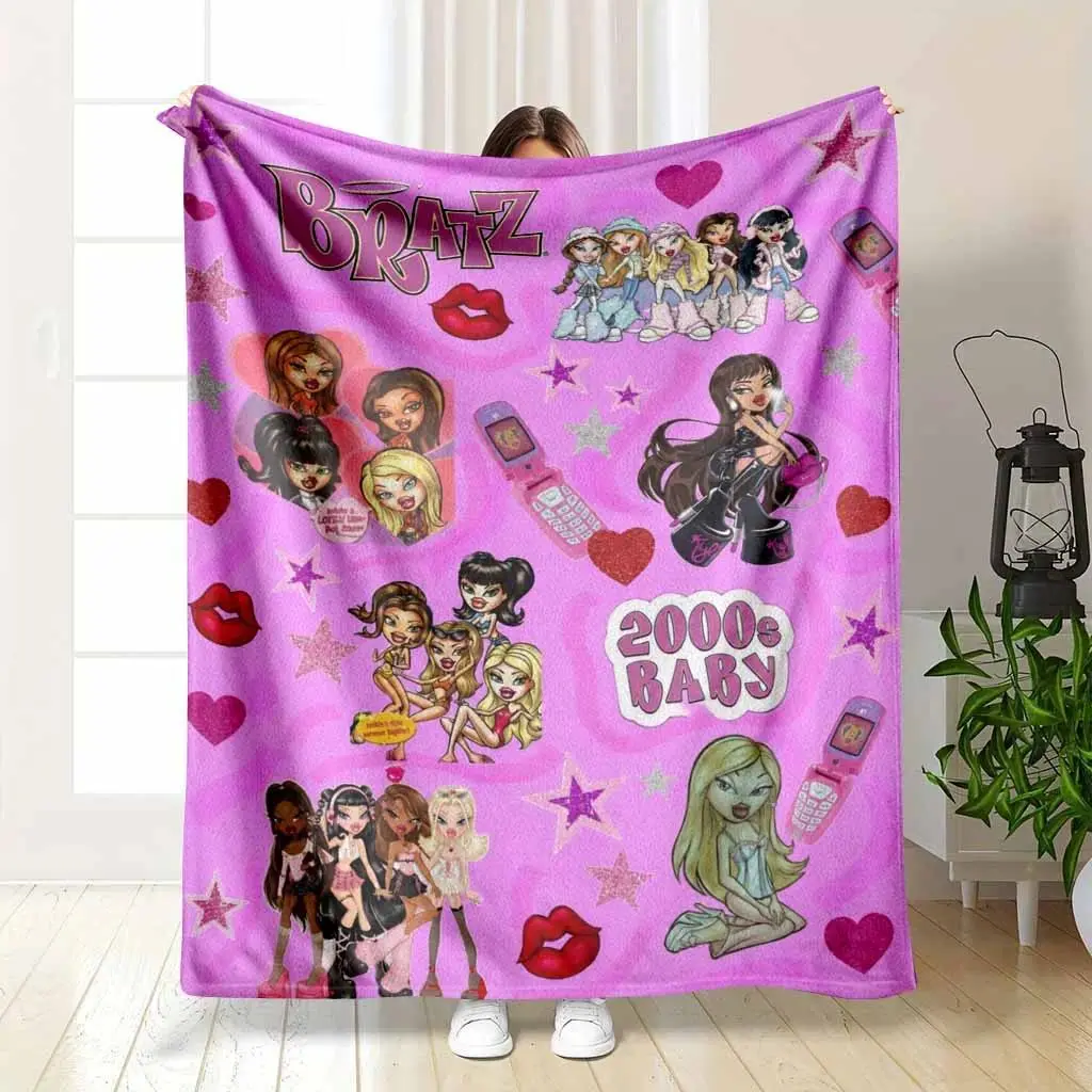Y2K Fashion Doll Flannel Blanket, fuzzy soft blanket ultra soft flannel fleece, Pink Retro Hearts Stars Flip Phone Lips Print Soft Cozy Throw, Multi-purpose blanket for Sofa Bed Dorm Sleepover, perfect christmas gift anniversary birthday gift