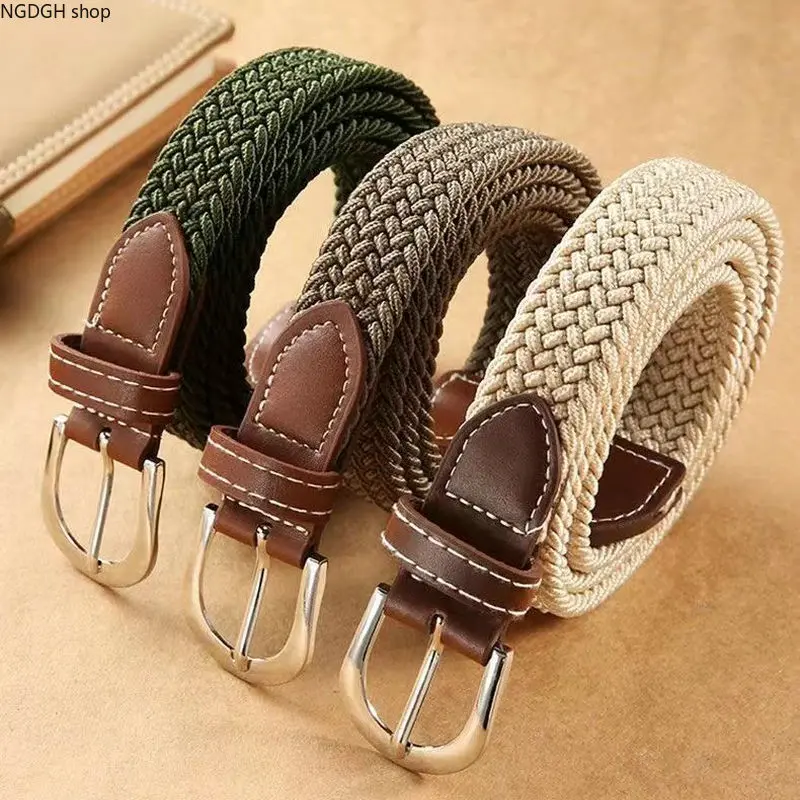 Casual Elastic Woven Waist Belt, Vintage Metal Pin Buckle with PU Leather Tips, Multi‑Color Braided Strap for Daily Travel Street Dressing
