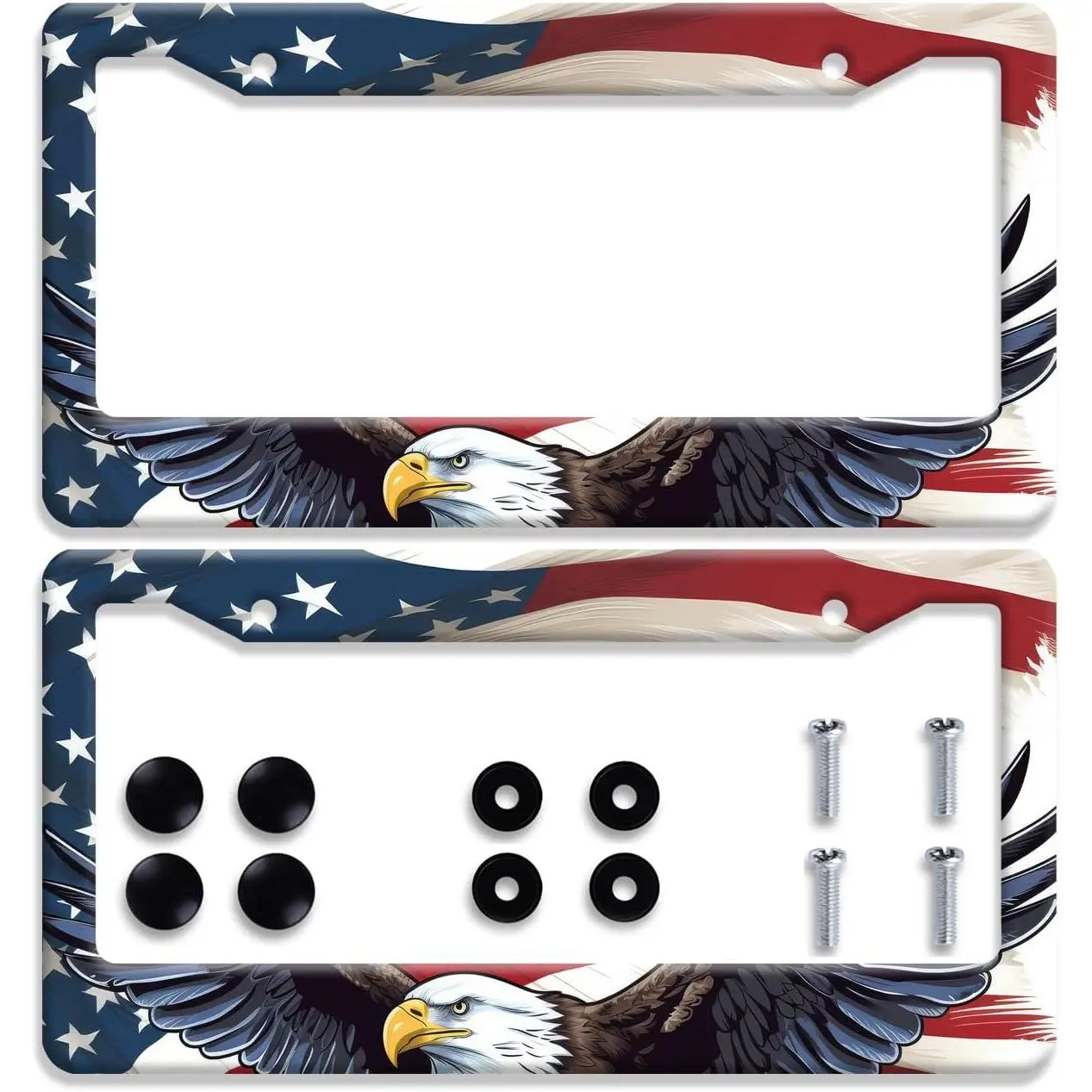 Patriotic Aluminum License Plate Frame with Matte Stripe & American Flag Gloss Design, Universal Automotive Brackets with 4 Screws & Screw Fastener Cover, Fits All Standard Size 12.3" x 6.3" Plates, Car Truck Accessories Gift
