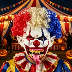 1pc Scary Full-Face Latex Clown Mask with Fluffy Colorful Hair, Horror Cosplay Accessory for Halloween Haunted Houses & Escape Rooms