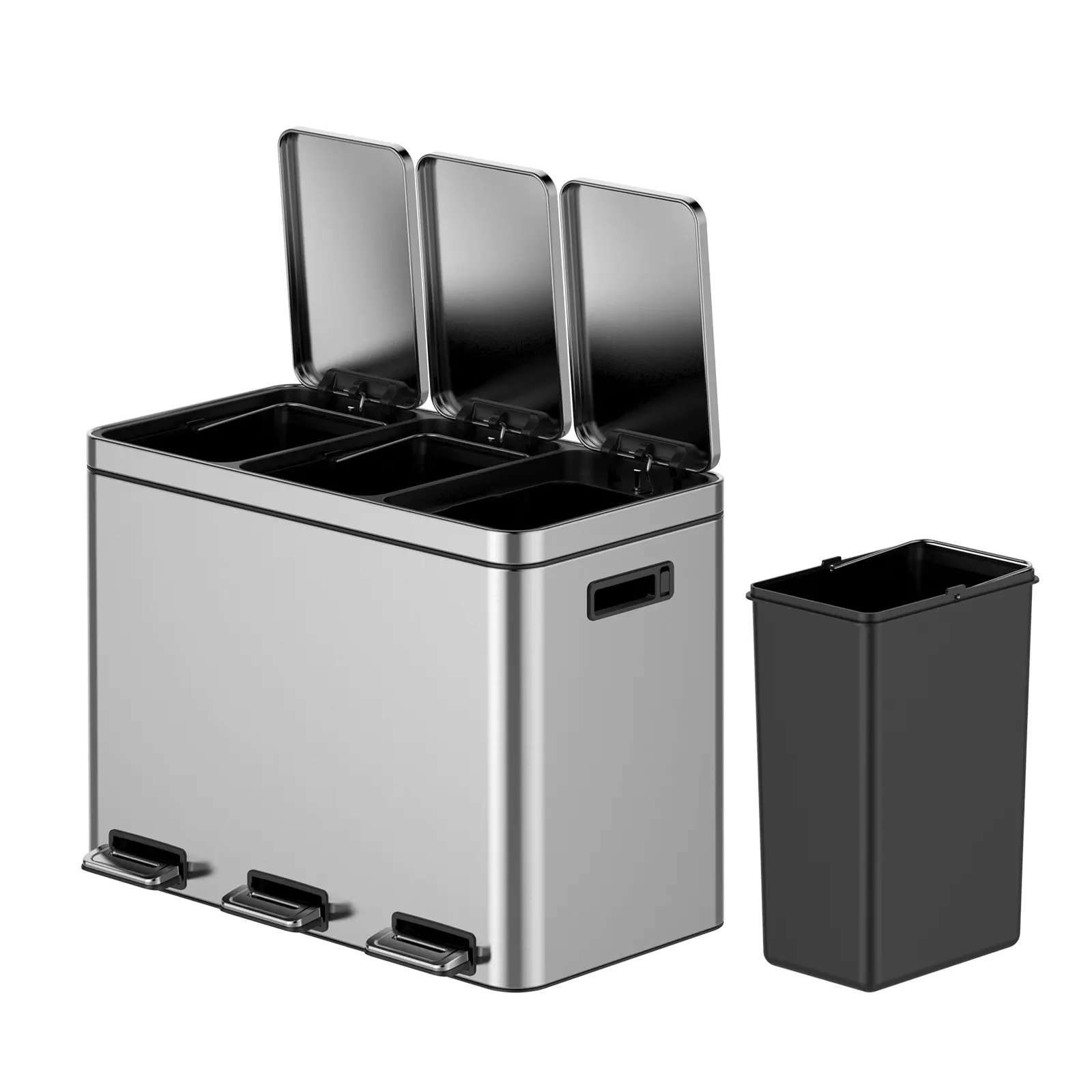 12 Gallon Stainless Steel 3 Compartment Trash Can - 3x15L Recycling Bin with Soft-Close Lid, Fingerprint-Proof Kitchen & Office Waste Sorting Bin