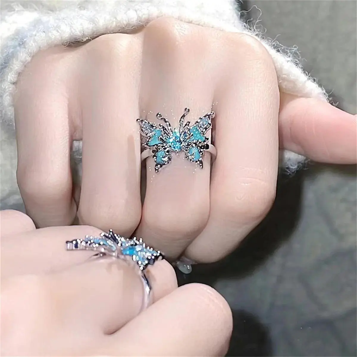 2026 new Exquisite Blue Butterfly Pearl Rings for Women Crystal Rhinestones Engagement Ring Bridal Wedding Anniversary Gift Jewelry