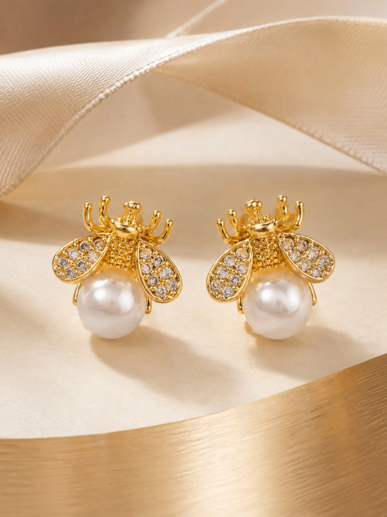14k Bee Pearl Stud Earrings, Double-Sided Cz Crystal, Hypoallergenic, Minimalist Jewelry for Women & Girls, Charming Gift Idea