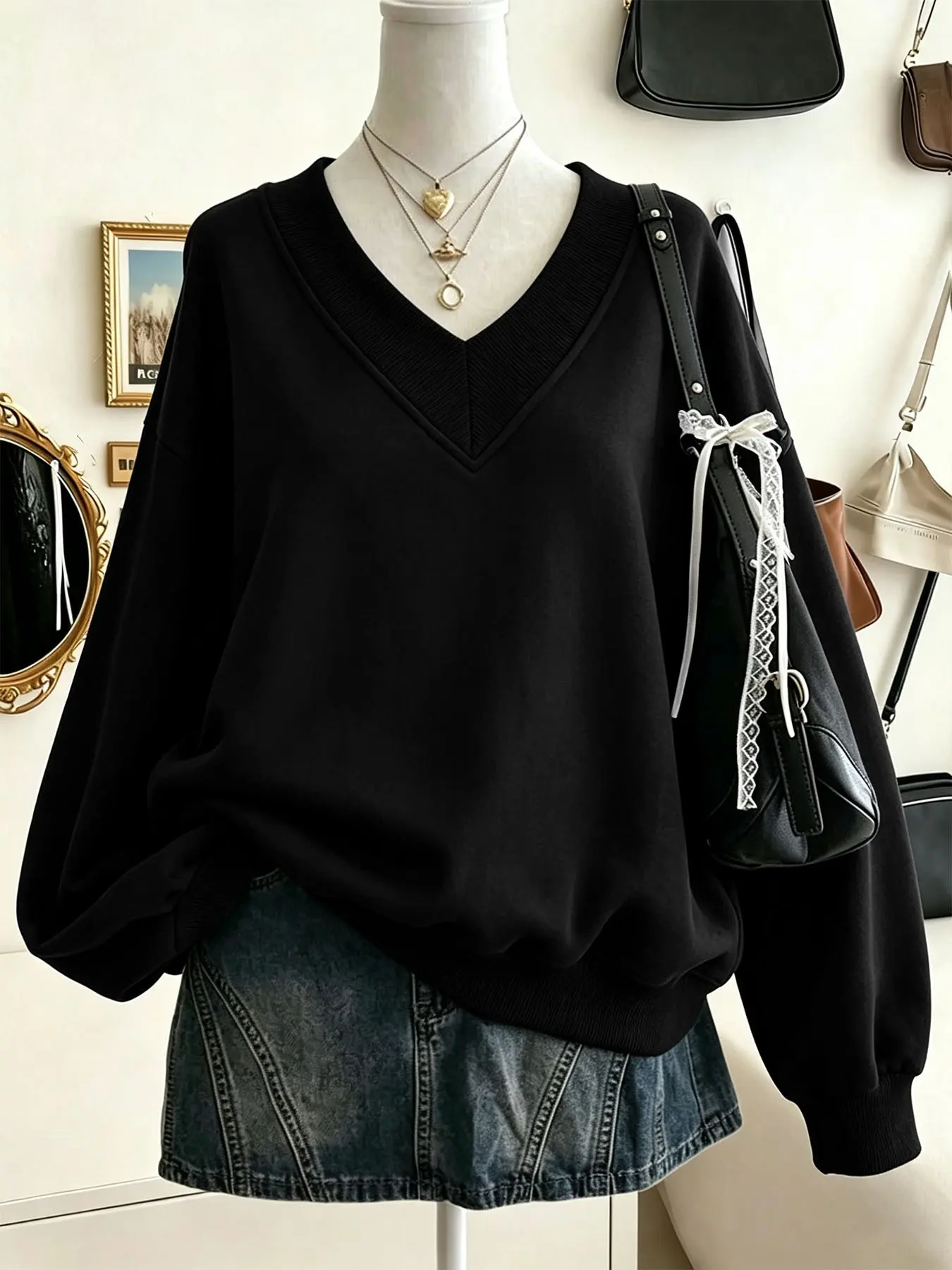 Women's Black V Neck Oversized Drop Shoulder Sweatshirt, Lazy Casual Basic Pullover, Korean College Style Top For Daily Commute & Spring Autumn Outfits
