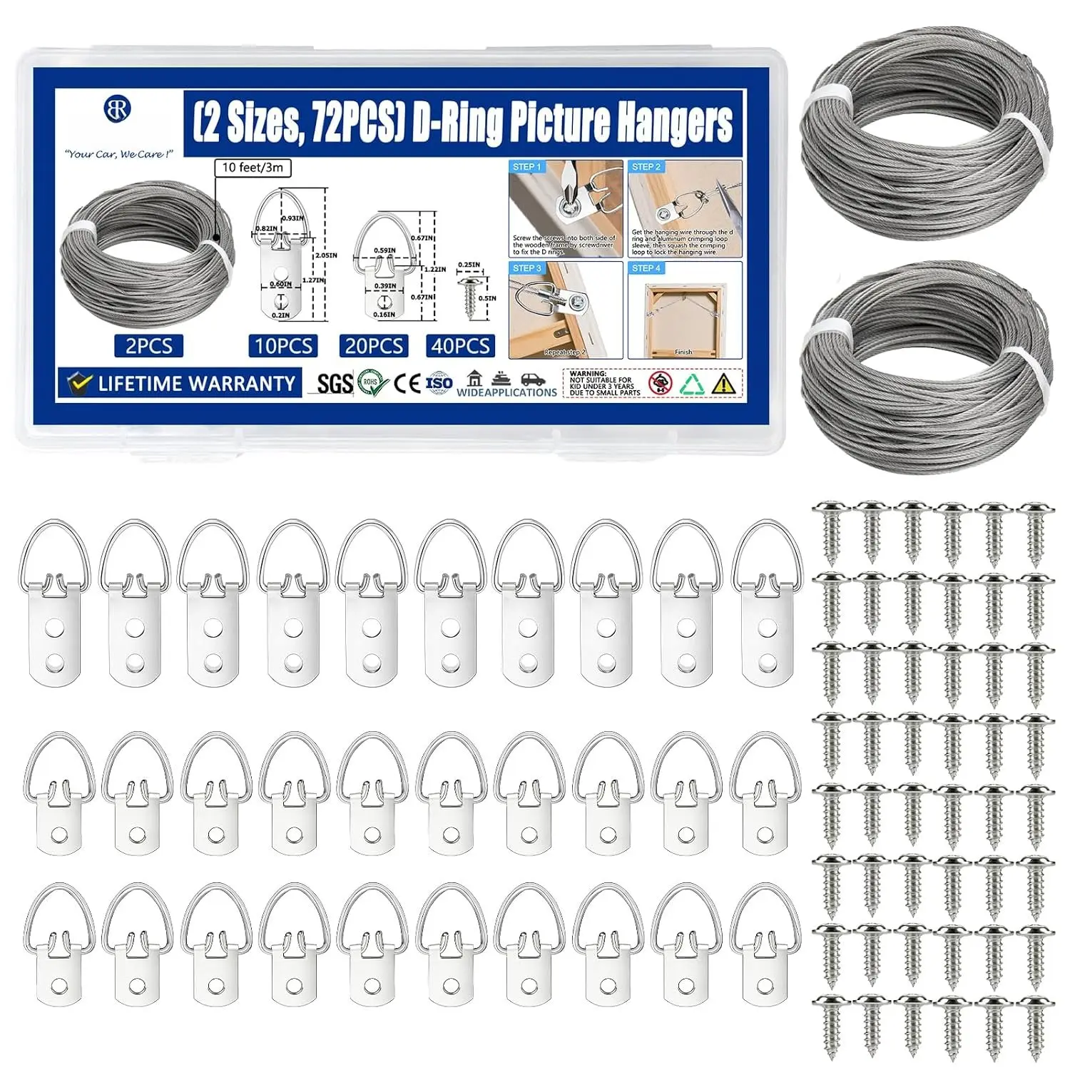 (2 Sizes, 72 count) D-Ring Picture Hangers with  Wire Kit – 20 Single Hole & 10 Double Hole Hangers with 40 Screws | Heavy Duty Wall Hooks for Frames, Mirrors, Canvas, and Artwork