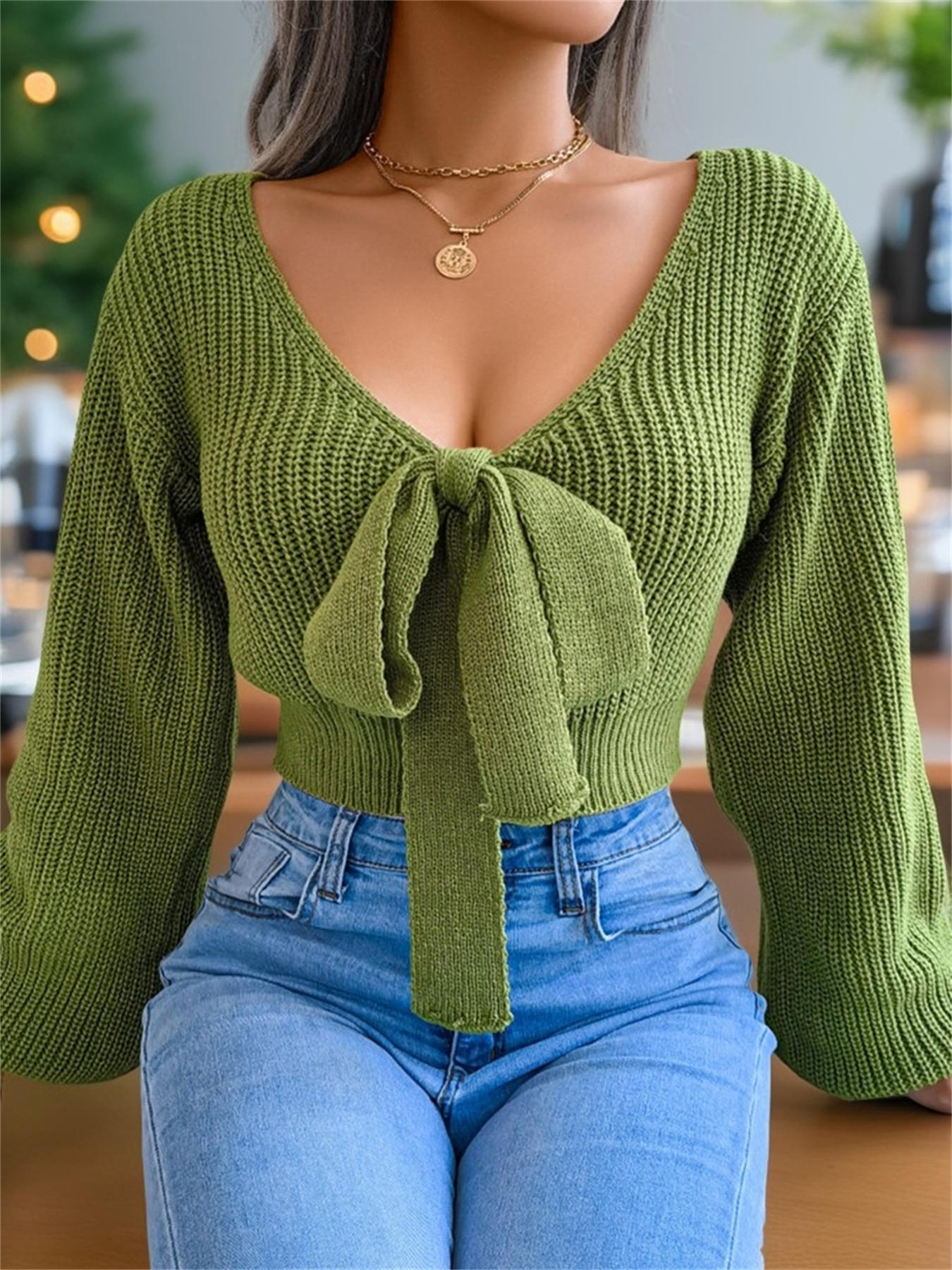 Women's Plain Bow Decor Tie Front Fitted Crop Sweater, Casual Chic Bishop Sleeve V Neck Jumper for Fall & Winter, Women's Knitwear for Daily Wear