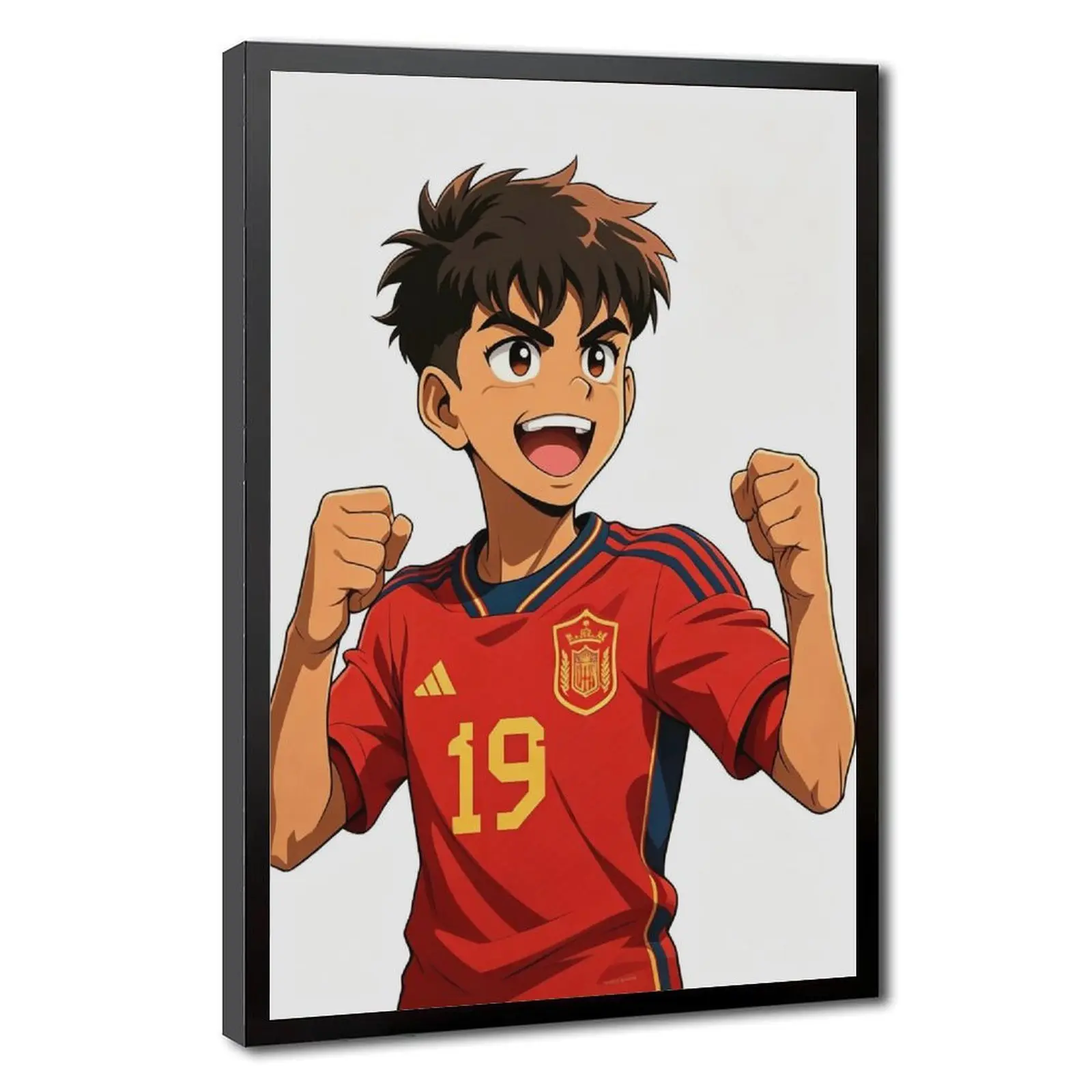 When Lamine Yamal steps into the anime world, Spain’s future is bright. The teenage wonderkid wearing No.19 jersey for La Roja reimagined in classic anime art style. This poster is great to hang on bedroom gaming room dorm walls