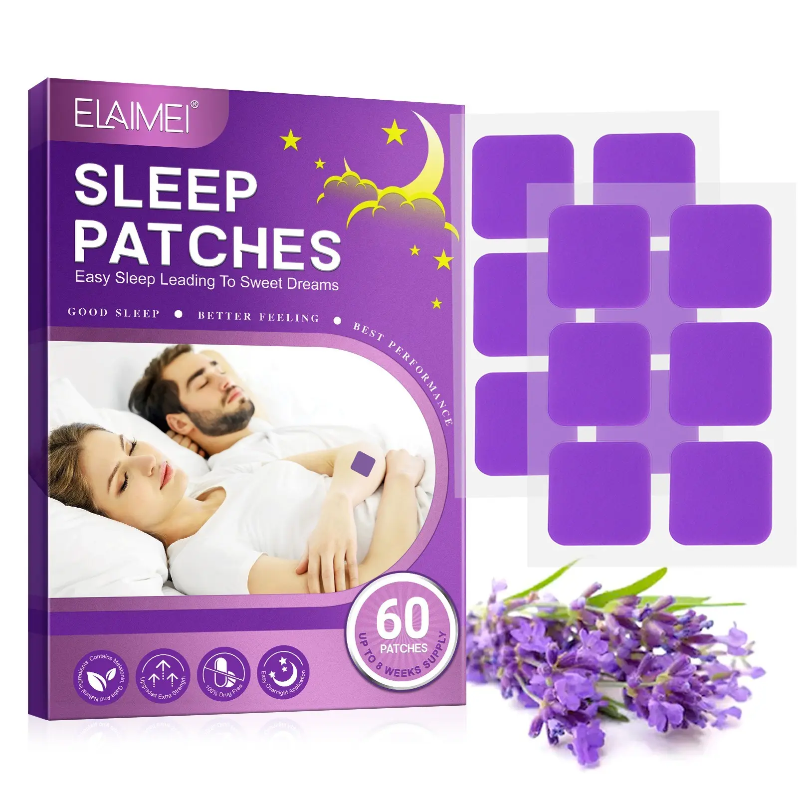Elaimei Sleep Aid Patches, 60pcs Per Box, Contains Melatonin, Lavender Oil, Herbal Extracts, Improves Sleep Quality, Safe and Effective