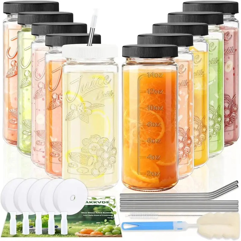 10 Pack 16oz High‑Clarity Glass Juice Bottles, Reusable Beverage Jars with Thickened Leakproof Caps, Glass Storage Containers for Juicing, Smoothies, Kombucha & Iced Coffee