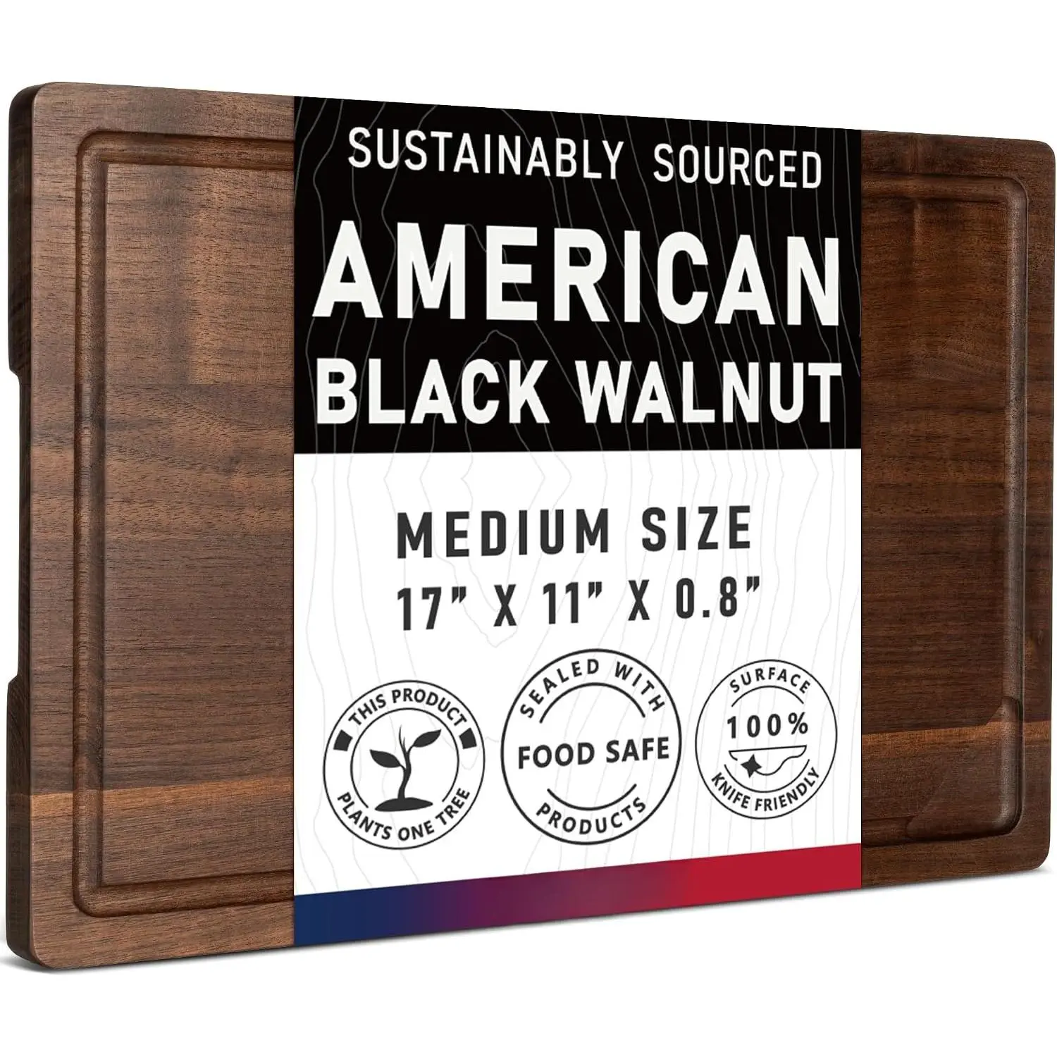 Walnut   Board for Kitchen with Deep Juice  & Side Handles, 17"L x 11"W x 0.8"H, Handcrafted North  Black Walnut  Grain, Medium Chopping Board, Reversible Butcher Block
