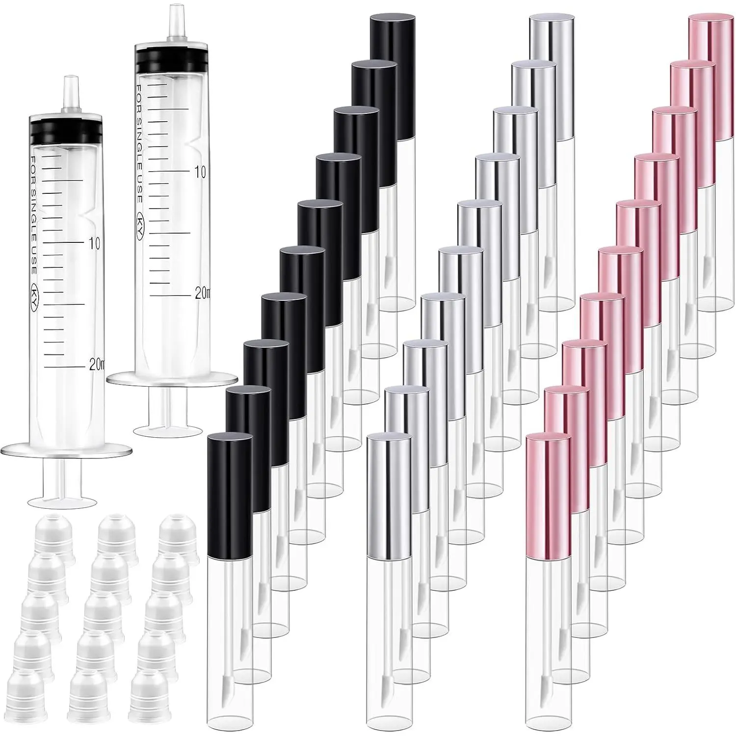 Bercoor 30 Pack Lip Gloss Tube, 10ml Empty Refillable Lip Balm Bottle Clear Plastic Lip Gloss Container with Rubber Stoppers for DIY Makeup, Personal Cosmetic, Black, Sliver and Pink