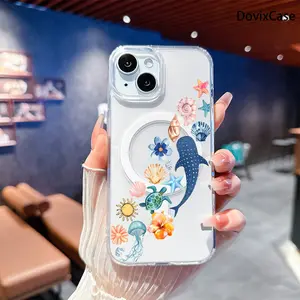 Phone Case - Whale Shark Sea Turtle Jellyfish And Tropical Shells Transparent Acrylic Magnetic HD Clear Shockproof Printed Phone Case for iPhone 17 E Air Pro ProMax iPhone16 15 14 Plus 13 12 Mini 11 X XS XR Series Full Models Great Gift