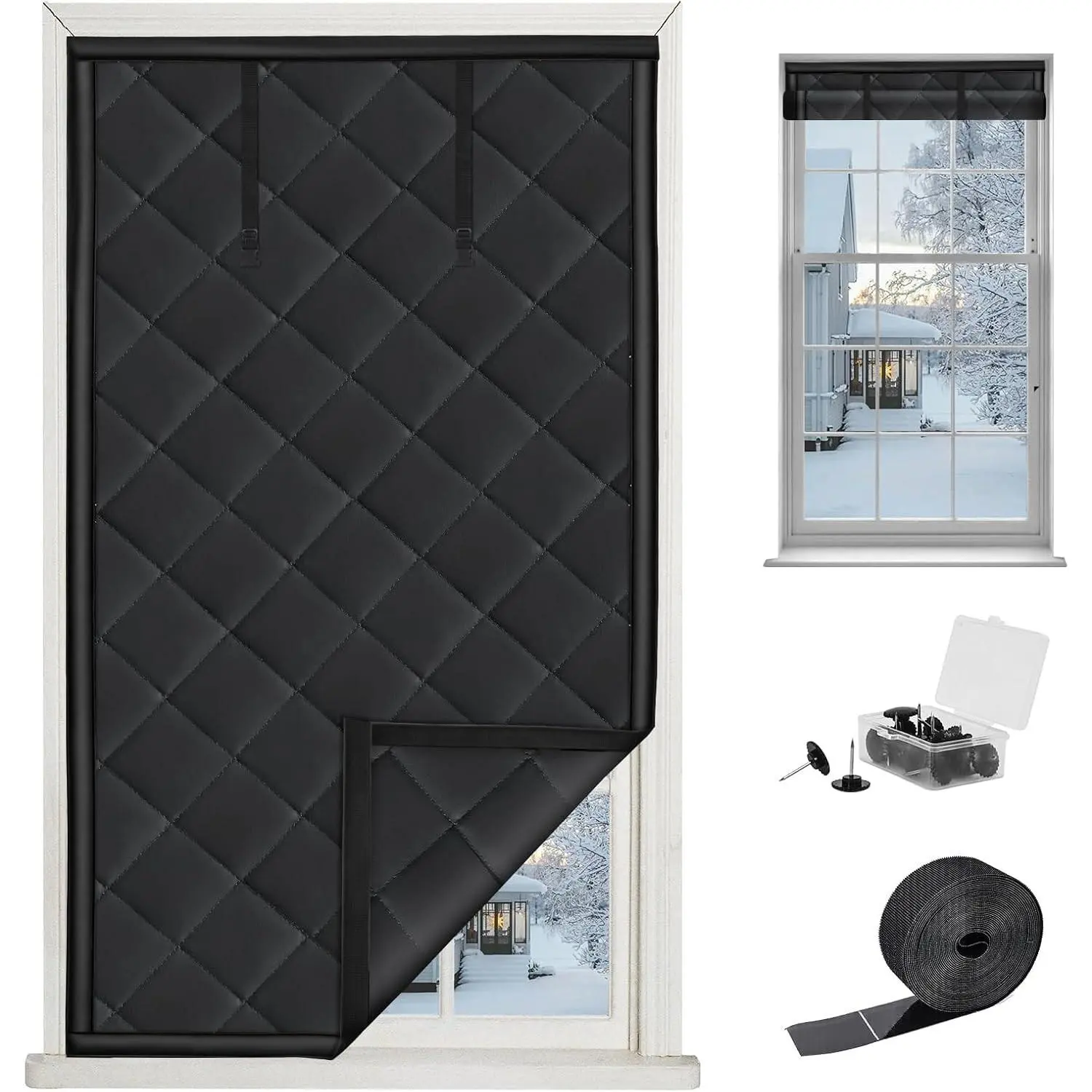 Winter Window Insulation Kit, Thermal Insulated Window Blanket Curtain Cover, Cold Blocking Weatherproof Home Insulation Kit (31" x 59", Black)