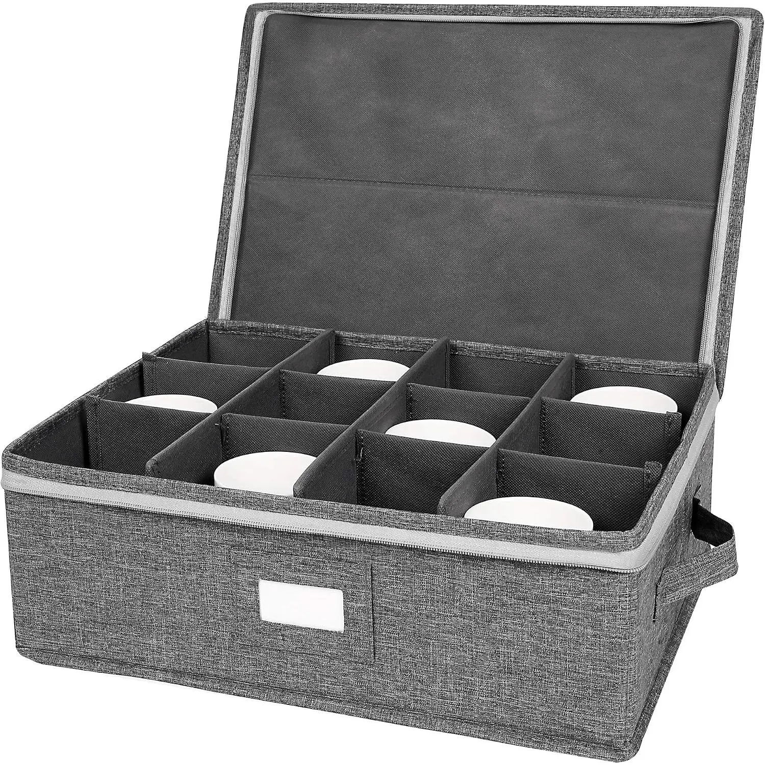 Mug Storage Box with dividers,  Coffee Cup Storage Containers | Coffee Mug Storage with Rivet Reinforced Handles, Holds 12 Coffee Mugs and  Cups, Structured Top and Stackable (Grey)