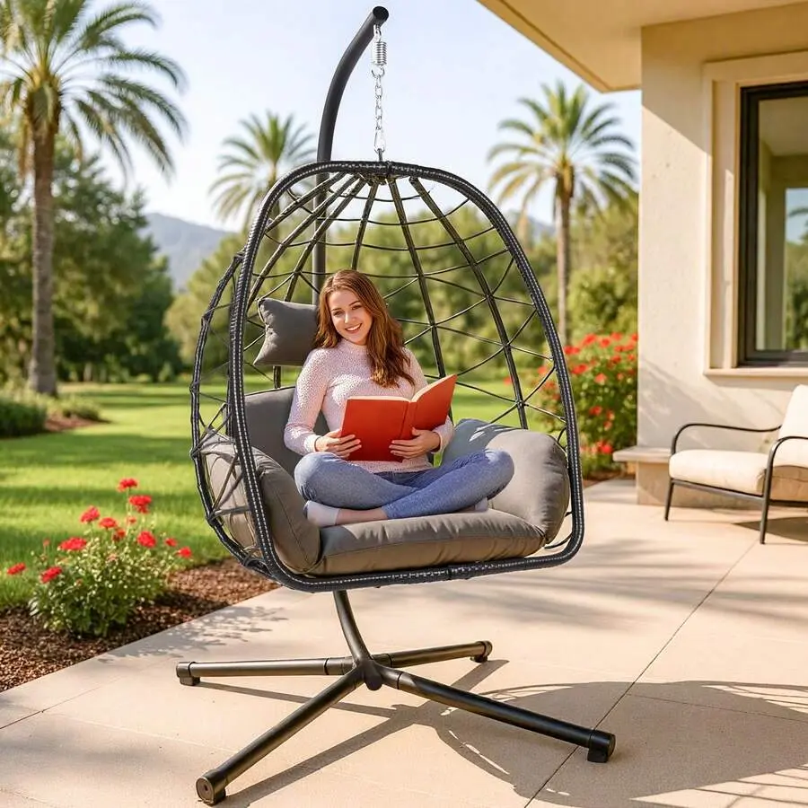 Egg Chair With Stand Outdoor Ratten Wicker Hanging Egg Chair Outdoor Indoor With Thickened Cushion Swing Chair