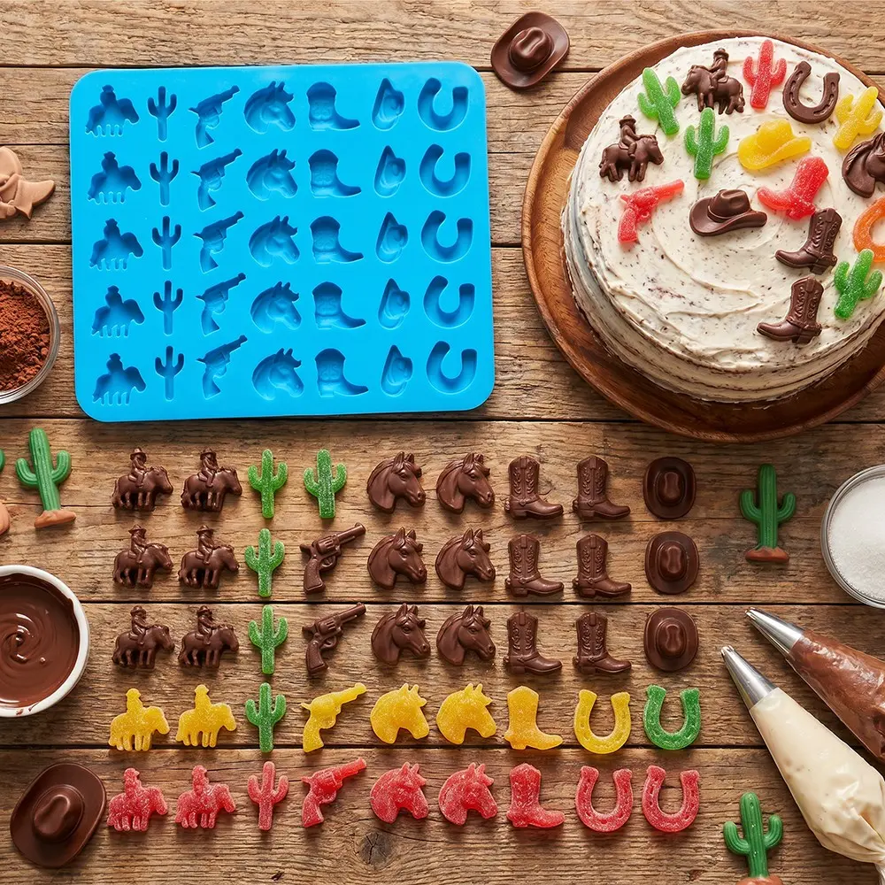 Western Cowboy Theme Silicone Candy Mold, Mini Chocolate Cookie Gummy Mold, Hat Camel Boot Cactus Desert Series Cake Decorations, Silicone Baking Molds