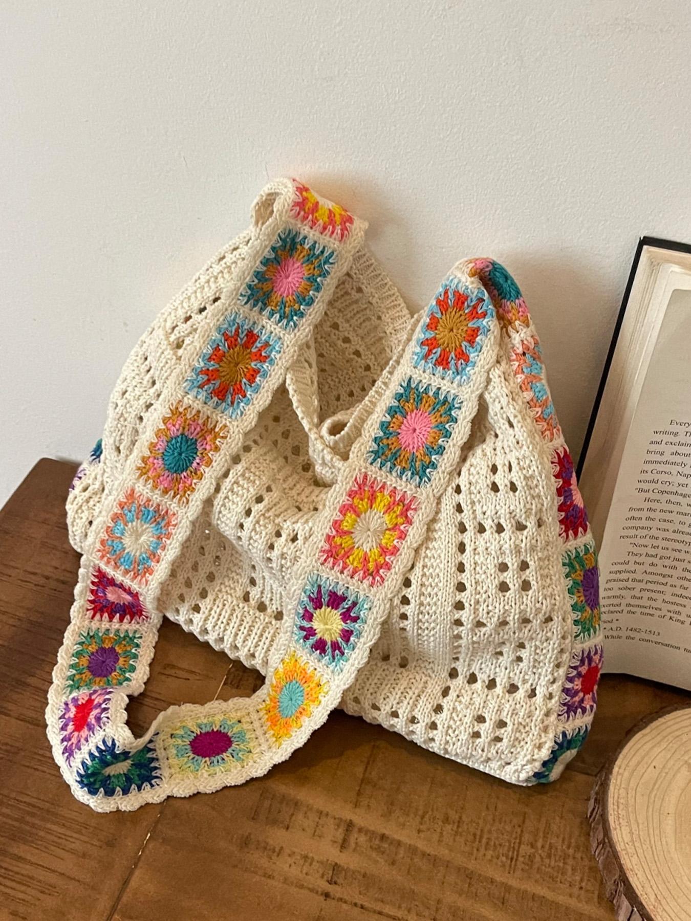 Women's Fashionable Floral Pattern Crochet Shoulder Bag, Boho Style Crossbody Tote Bag for Daily Used, Casual Trendy Versatile High-quality Daily Commuting Bag