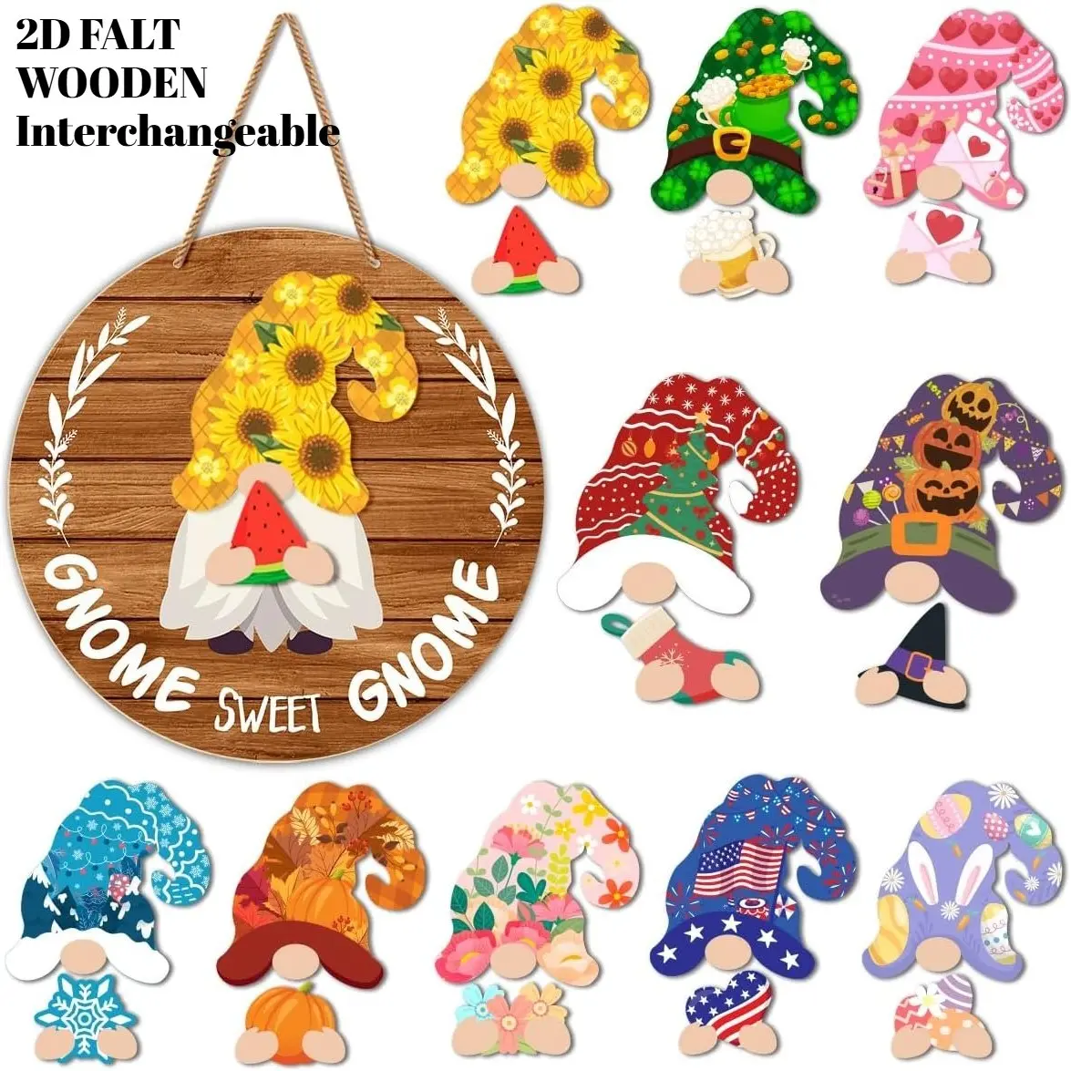 Interchangeable Gnome Welcome Sign - Seasonal Wooden Gnome Decor Ornaments for Front Door & Porch | Changeable Magnet Hats for Christmas, Halloween, Thanksgiving  | Vintage Farmhouse Gnome Wall Hanging & Detachable Seasonal Decorations