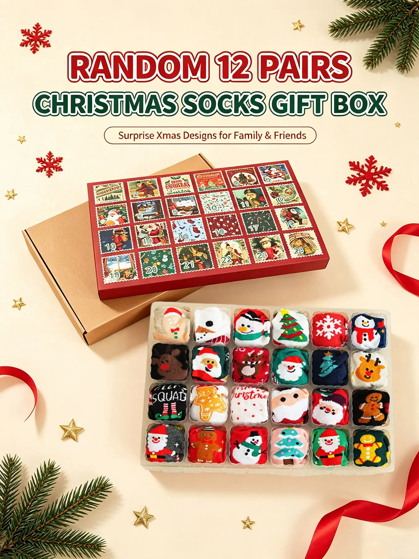 12 Pairs Christmas Socks Gift Set, Santa Claus Snowman Tree Reindeer Snowflake Print, Perfect Holiday Present for Family Friends
