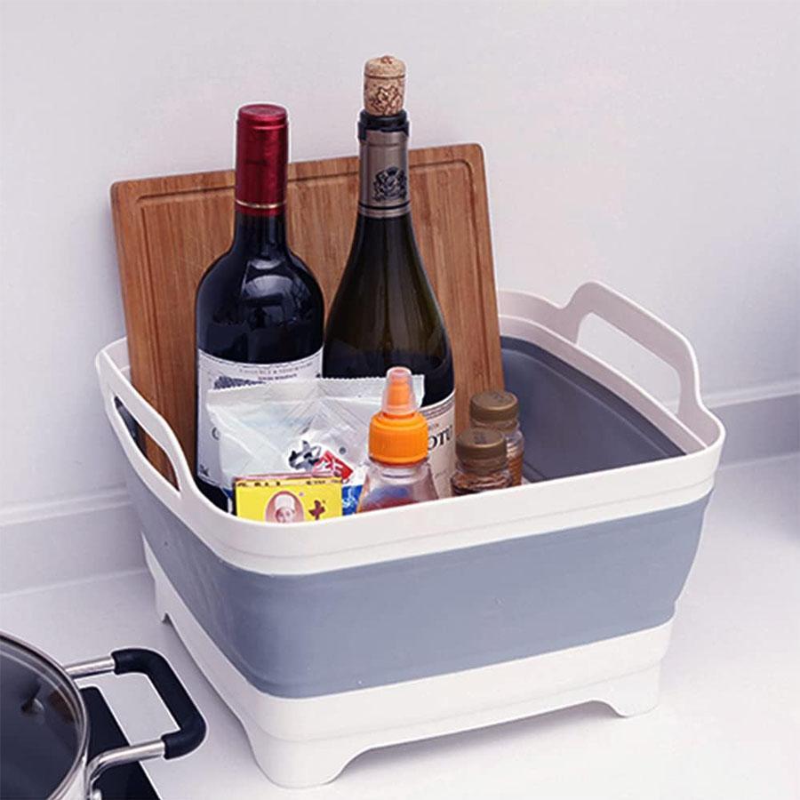 Collapsible Dish Basin with Drain Plug, 1-Count 9 L Space-Saving Multi-Purpose Collapsible Dishwashing Tub, Kitchen Storage Bucket for Indoor or Outdoor Use, Basin Container