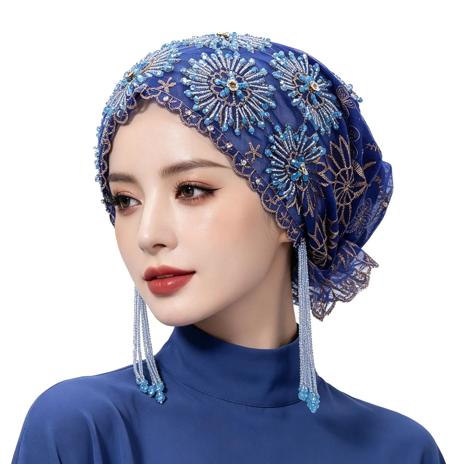 Opulent Beaded Lace Turban Hat Hanging Bead Tassels Breathable Lightweight Non Slip Slouchy Bonnet Headwrap Hair Cover Royal Blue Church Party