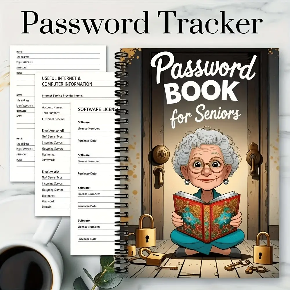 1 Cartoon Spiral Password Notebook, Password Journal, for Seniors - 70-page Locking Design Notebook Featuring Character Art Patterns, Secure Password and Login Organizer for Internet, Computer, or Office Use, Senior Safety Tool, Fun Cover Art