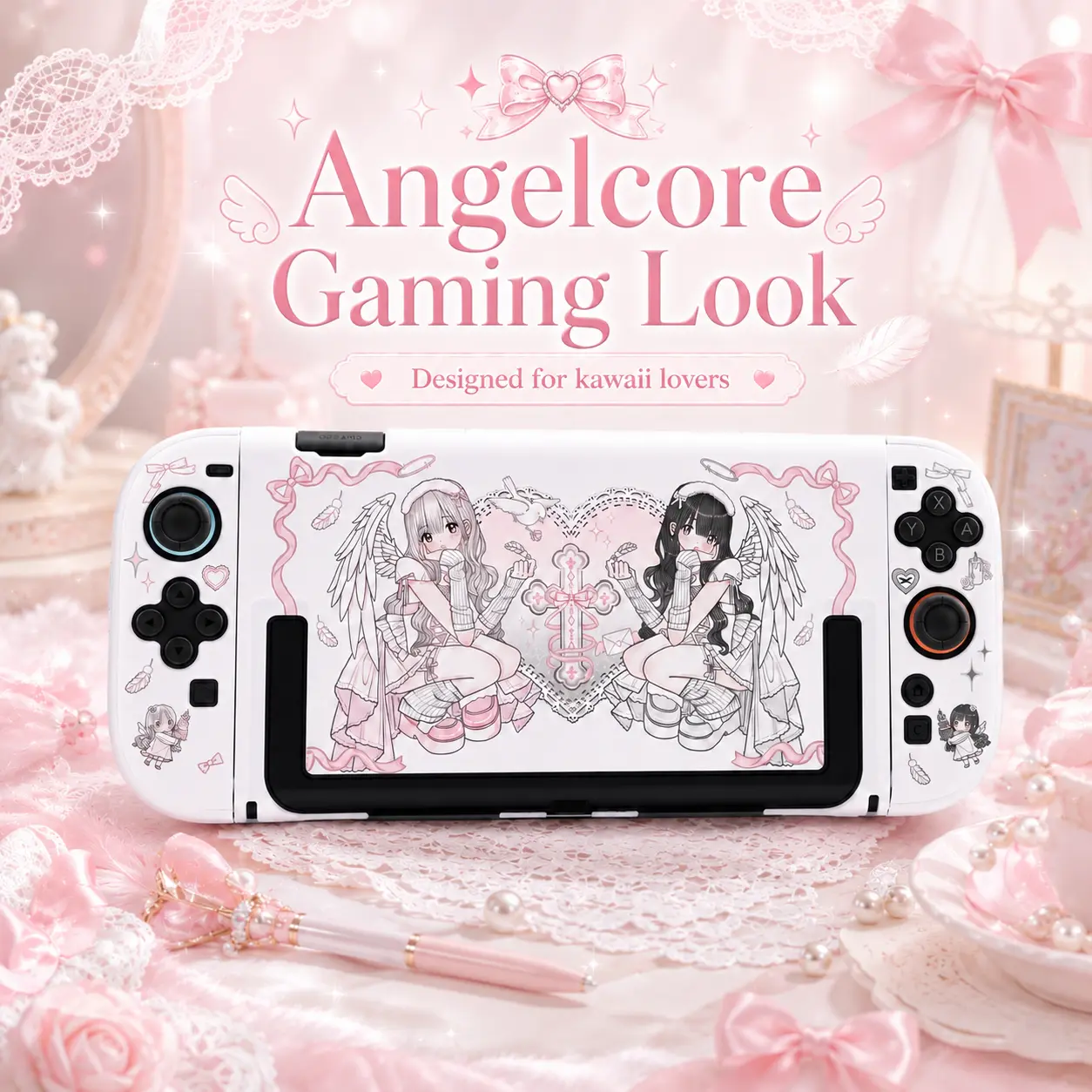 Kawaii Anime Twin Angel Soft TPU Console Case for Nintendo Switch OLED, Pink Coquette Handheld Gaming Accessory with Controller Grip for Kawaii Lovers, Shockproof Protection