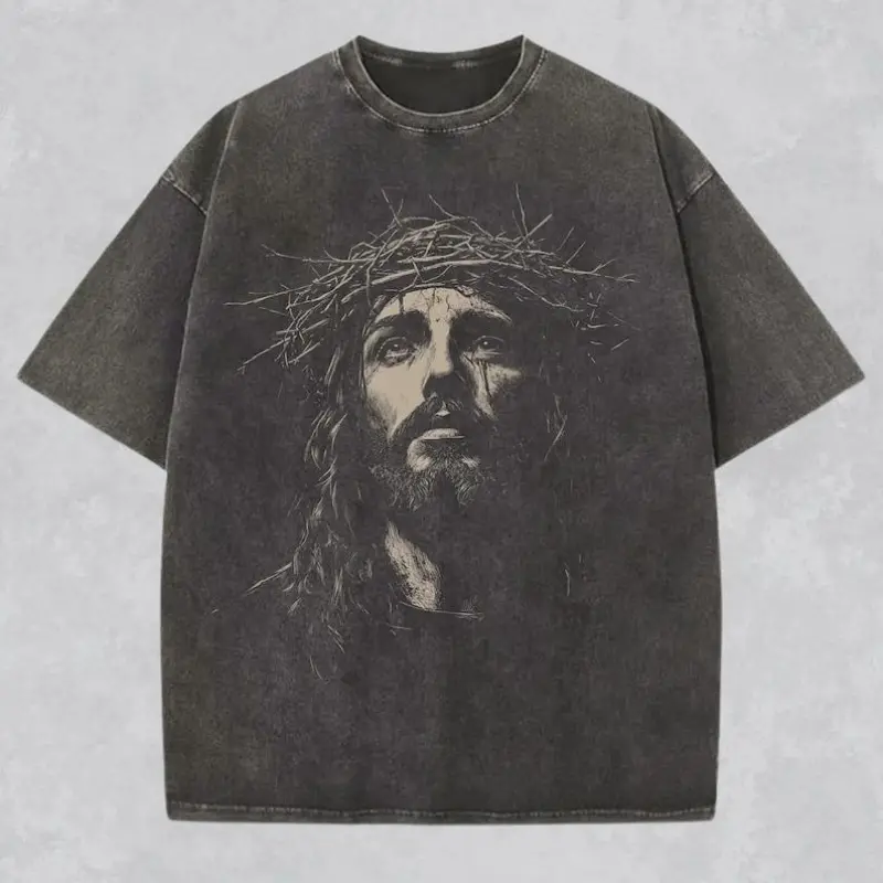 Jesus Acid Washed Heavyweight Cotton Shirt, Christian Streetwear Religious Gift for Him or Her, Faith Apparel Unisex Tee, Jesus Christ Church Wear