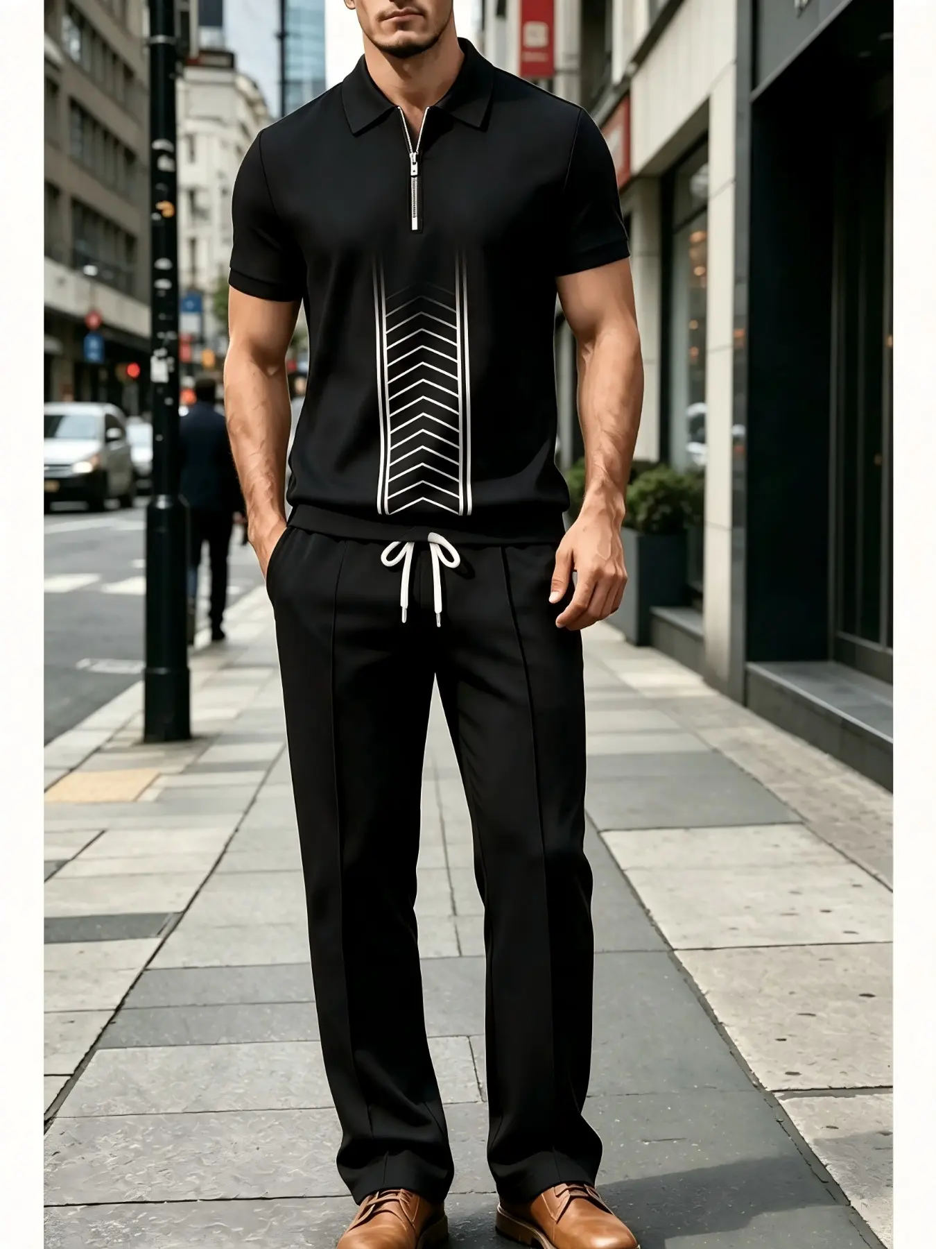 Men's Half-Zip Polo Short Sleeve Set, Luxury Print Colorblock Two-Piece Suite, Business Casual Straight Leg Pants, Spring & Fall