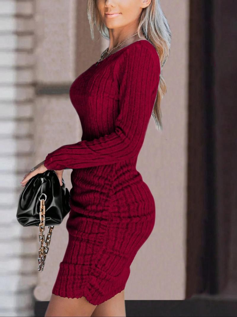 Ribbed Bodycon Dress One Shoulder Mini Dress Off Shoulder Long Sleeve Sexy Knit Slim Fit Stretch Ruched Clubwear Night Out Party Wear Elegant Figure Hugging Trendy Womens Autumn Winter Wine Red Mini Dress