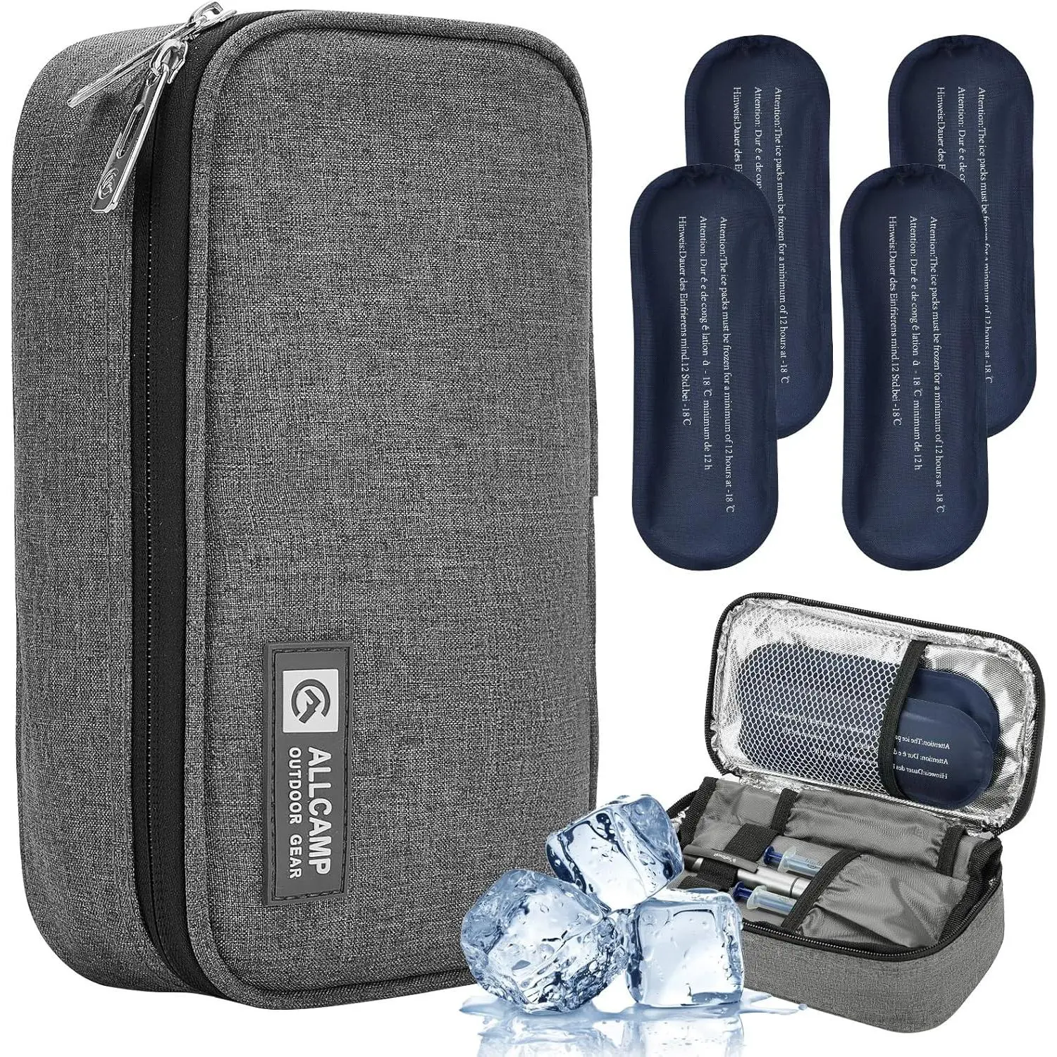 ALLCAMP Insulin Travel Case, Large Capacity, 4 Ice Packs, Gray| Fits all vial & syringe sizes, multi-organizer, insulation, compact, travel, daily use, diabetic care