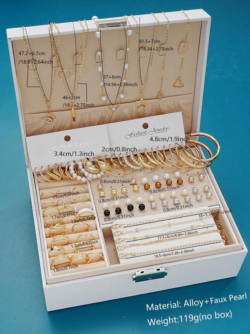 Fashion Faux Pearl Decorated Jewelry, Heart & Flower & Geometric Shape Earring Bracelet Necklace Ring Jewelry Set, Elegant Jewelry Set, Gifts without Box