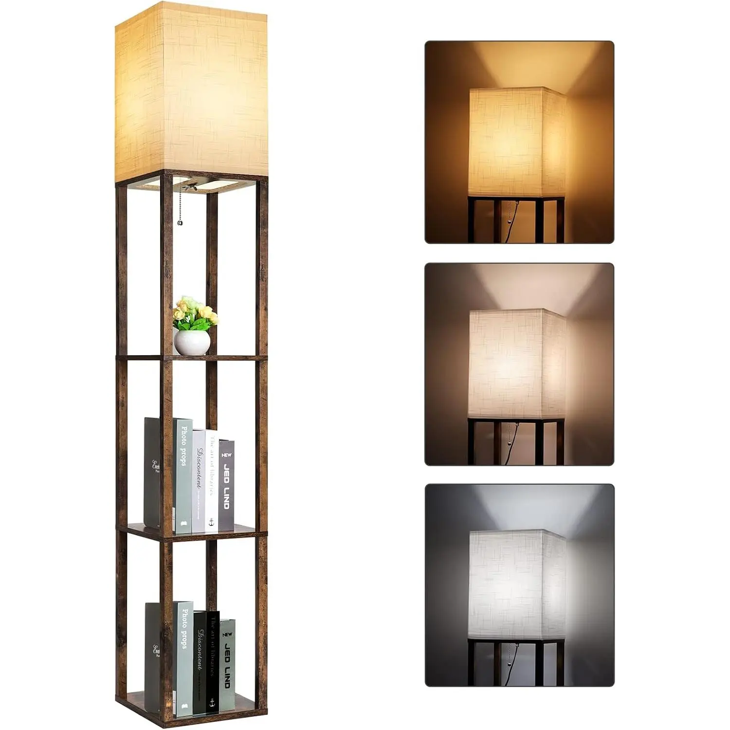 Floor Lamp with Shelves, Modern Shelf Lamp for Display Storage, 3 Color Temperature  Narrow Standing Corner Lamp with 8W Bulb for Living Room Decor, Bedroom, Office,  Decor(Brown)