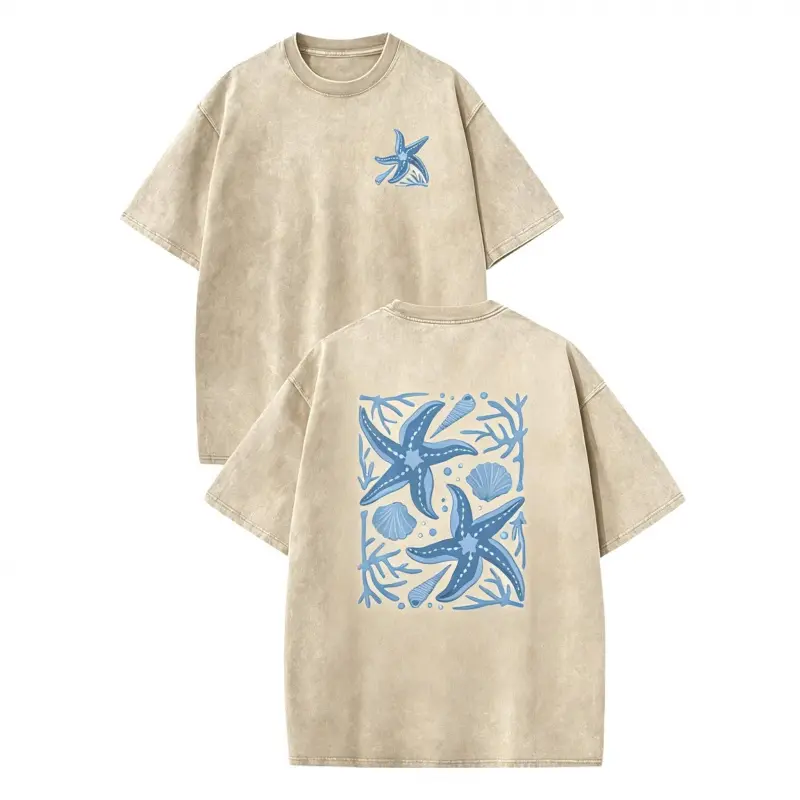Cotton Crewneck Starfish Pattern Acid Washed T‑Shirt Retro Dual‑Side Graphic Printed Unisex Fashion Tees Summervibes Casual Top 2026