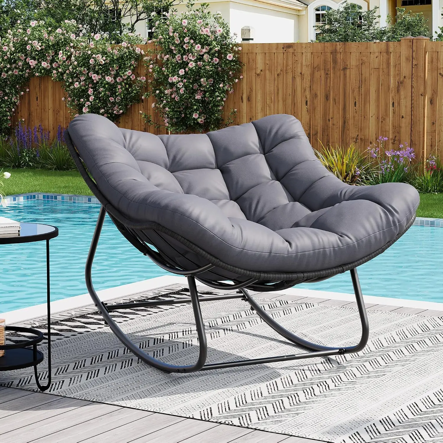 Oversized Papasan Rocking Chair with Thick Cushion - 400LBS Capacity Patio Lounge