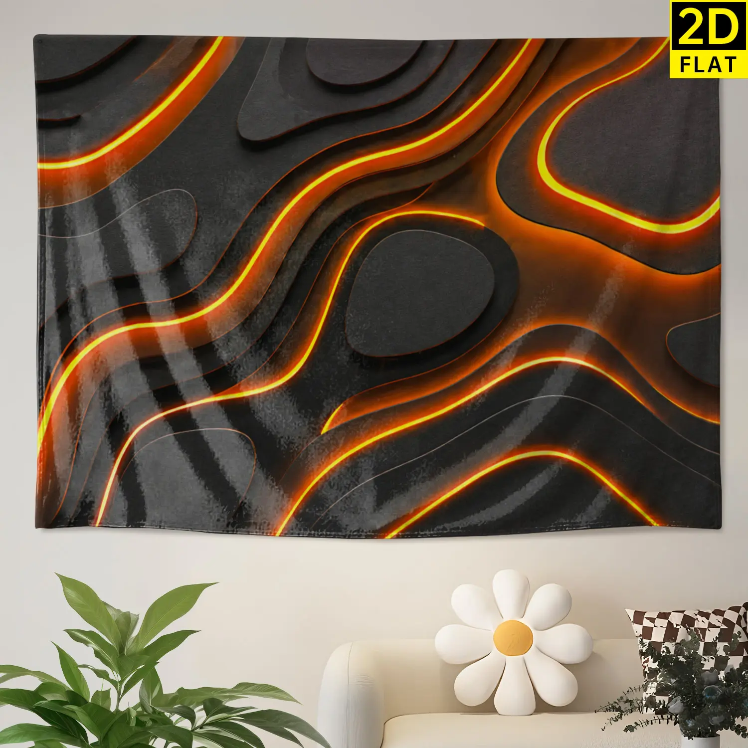 Abstract Orange Neon Glowing Contour Lines Large Horizontal Polyester Colorfast Wall Decor Tapestry, No-Installation Hanging for Living Spaces, Hippie Vibe Gift Ideas for Family & Friends, Indoor-Outdoor Use, Multi-Size