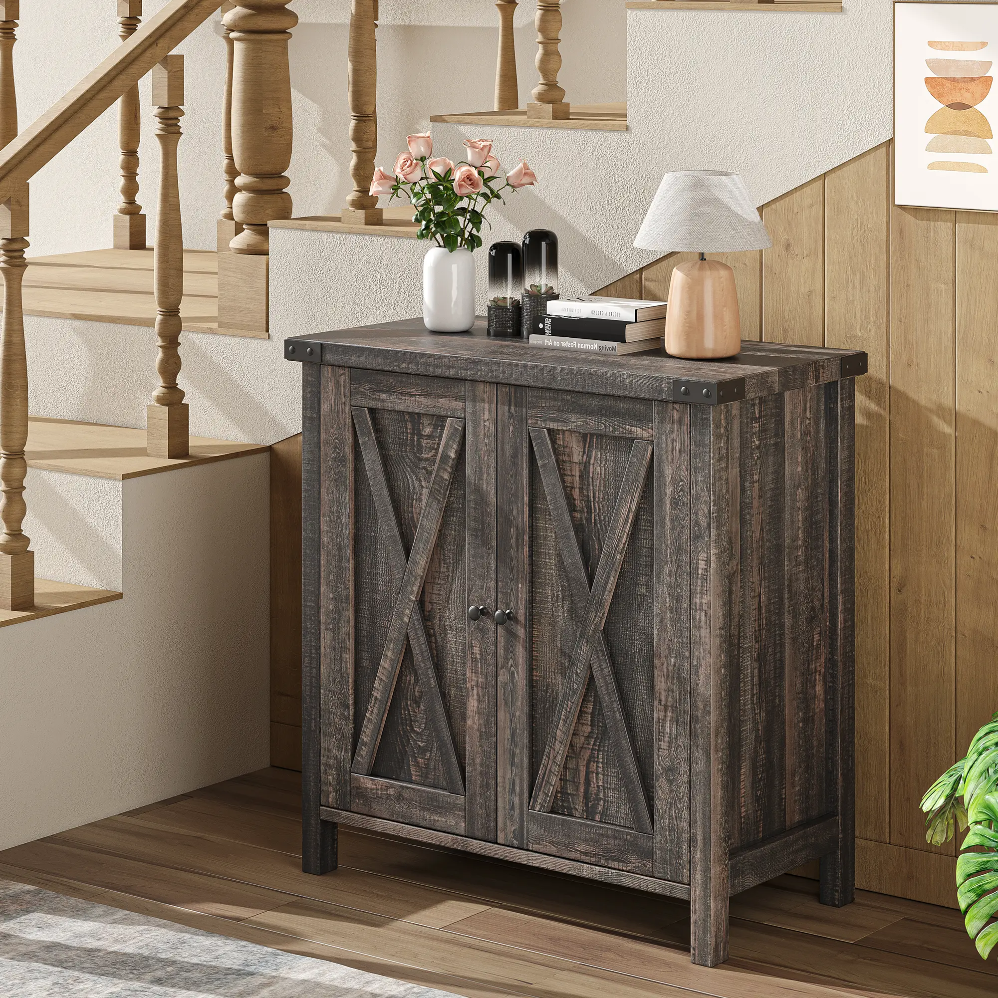 Farmhouse Freestanding Sideboard Buffet Cabinet, Entryway Storage Console with 2 Sliding Barn Doors and Internal Adjustable Shelves, Decor Accent Storage Furniture for Living Room, Dining Room & Kitchen